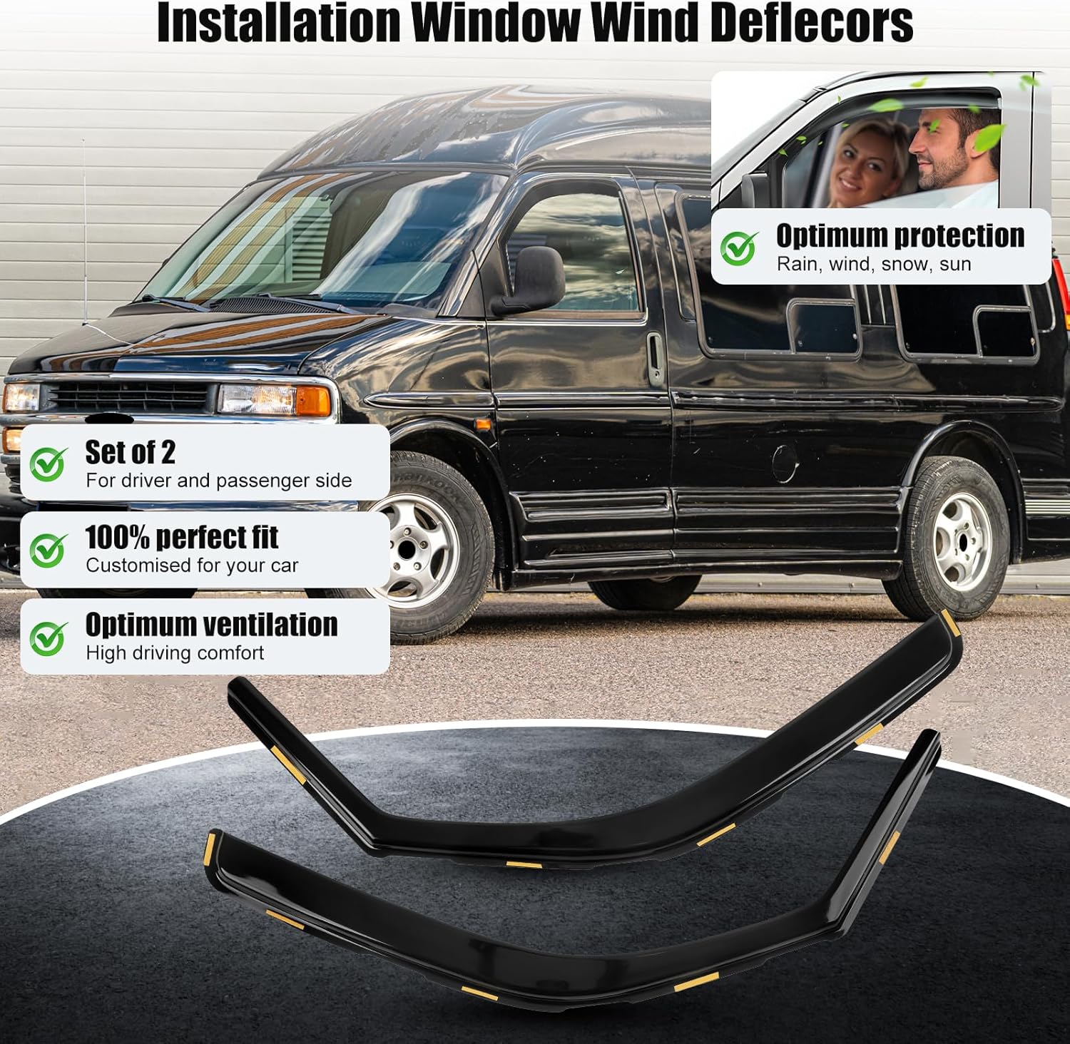 Compatible with Chevrolet Express GMC Savana Van 1996-2025 Side Window Rain Wind Deflector Guard - Front Windows, Tool-Free Install - 2 pcs. - Smoke