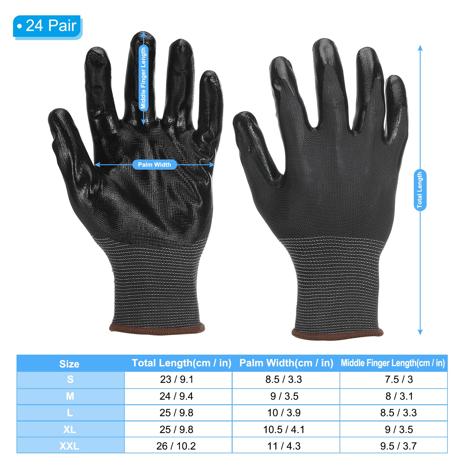 PATIKIL Safety Work Gloves Nitrile Coated, 24 Pair Non-slip Gardening Gloves Seamless Knit Working Gloves with Grip for Women Men Warehouse, Black, Large Size - Image 2