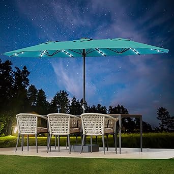 15FT Large Patio Umbrella with Base and Solar Lights, Double-Sided Rectangle Umbrella Oversized Shade for 8-10 People,36 LED Lights and Weighted Base for Pool, Deck, Backyard