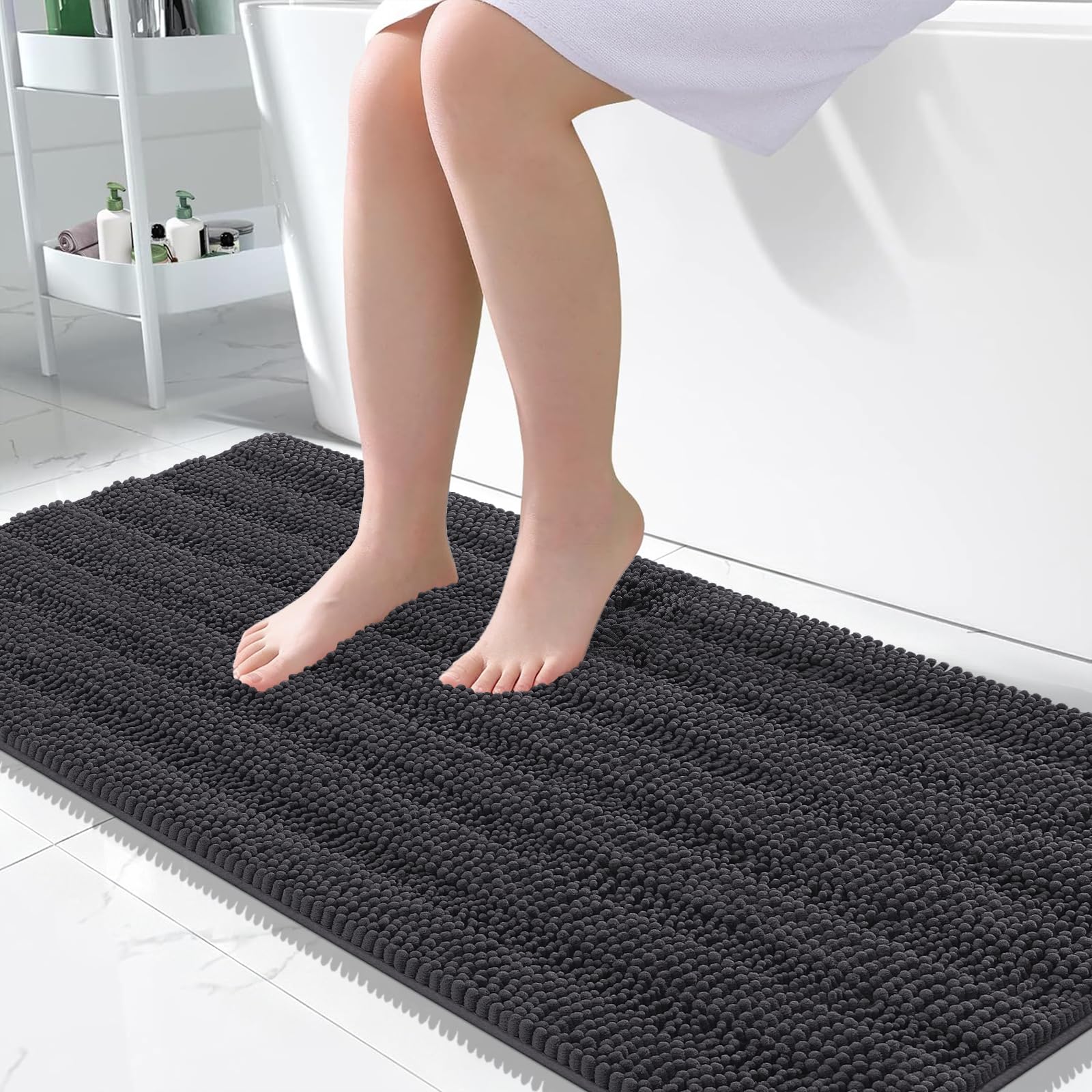 OLANLY Thick Large Bathroom Rugs 50x30, Soft Chenille Bath Rugs, Dark Grey