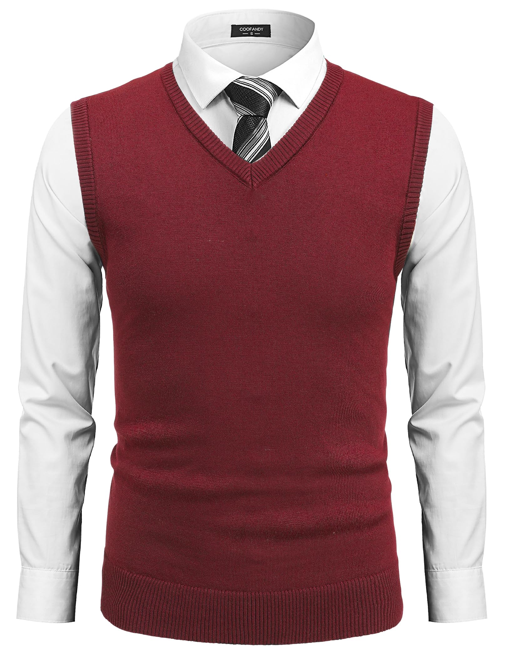 COOFANDY Herren Pullunder V Ausschnitt Slim Fit Freizeit Ärmellos Strick Pullover Strickwaren Weinrot S