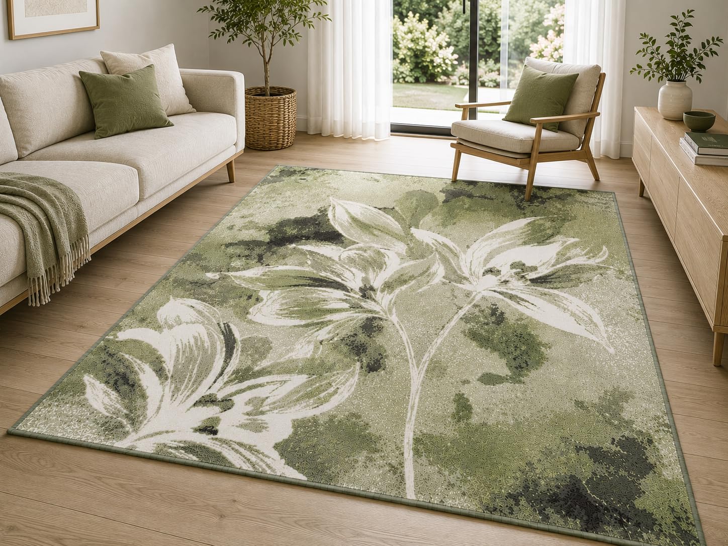 By Suardi Tappeto moderno Vanilla Verde – Lavabile in lavatrice, antiscivolo, design floreale jacquard – Pelo corto – Made in Italy – per soggiorno e camera da letto (85x150cm)