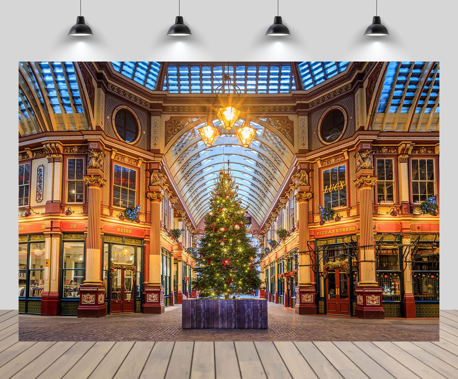 CHNYWORK 7x5ft Christmas Market Backdrop UK London Christmas Tree Leadenhall Market Night View Background Europe Winter Holiday Travel Xmas New Year