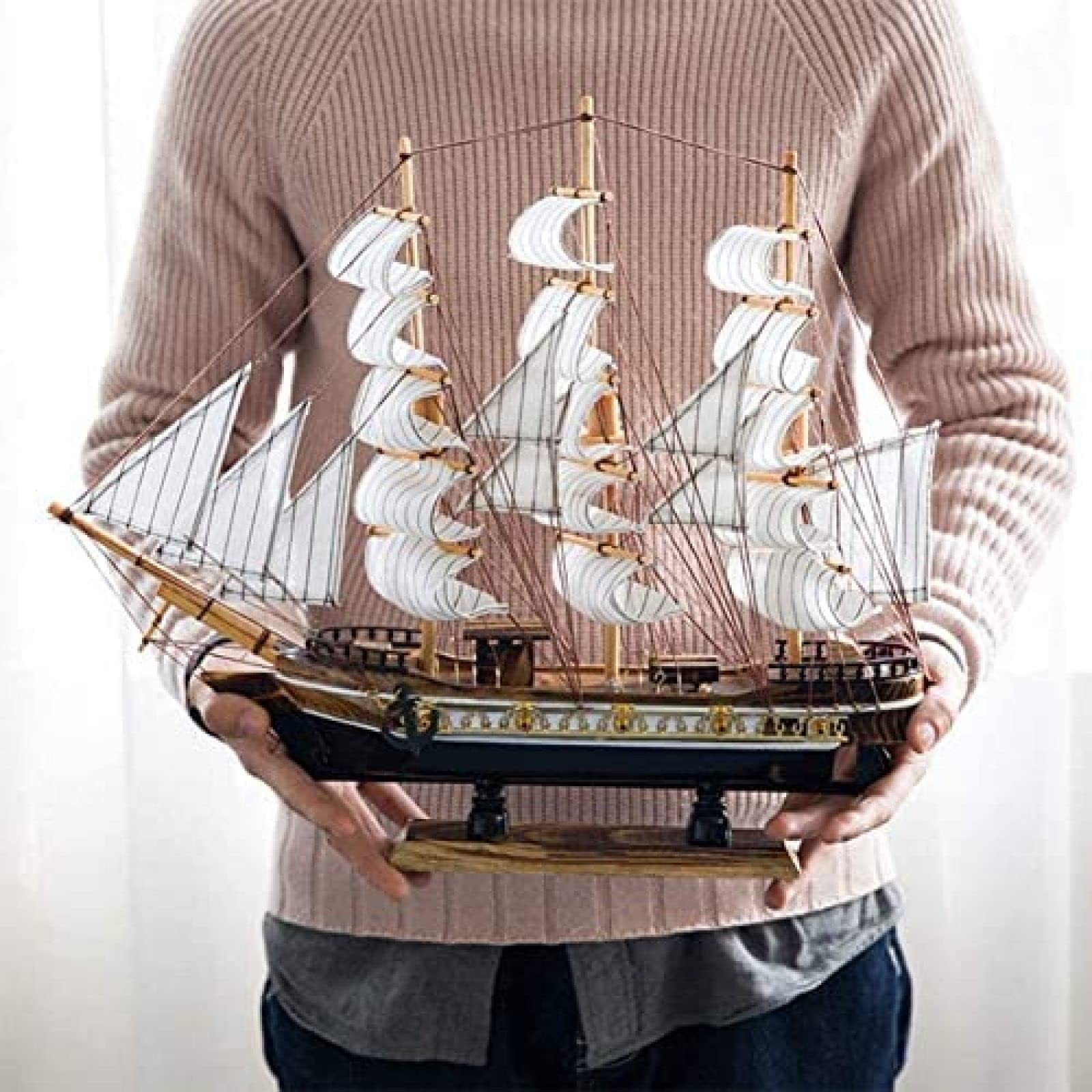 Modèle De Bateau en Bois Modèle De Voilier en Bois Fait À La Main Décorations De Maison De Style Méditerranéen pour Un Cadeau De Fête d'anniversaire Parfait, 38 * 43cm,Pleasant63