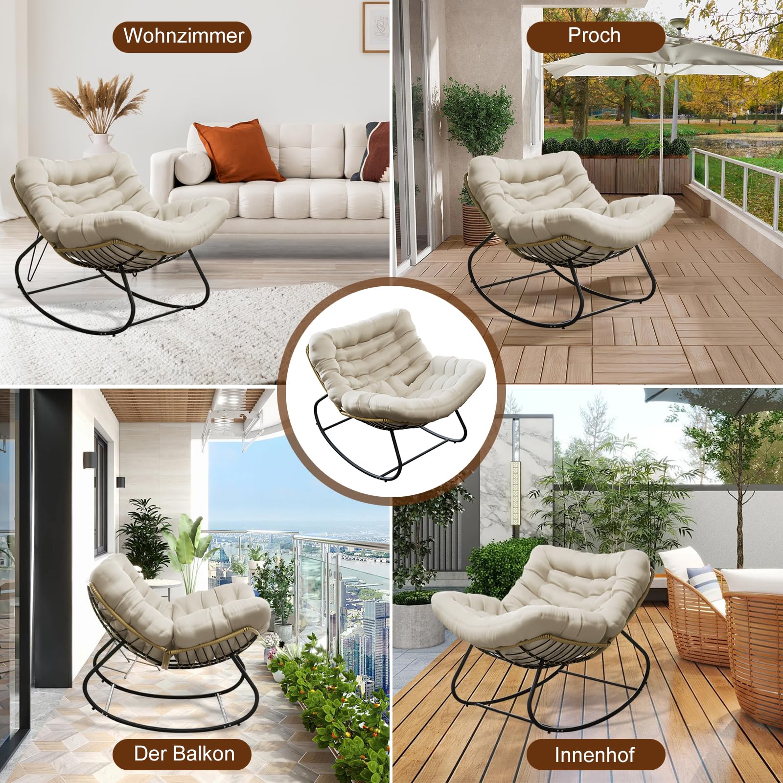 TWSOUL Fotel bujany do ogrodu, salonu, fotel relaksacyjny, rattanowy, fotel balkonowy, fotel bujany z wyściełaną, obciążenie do 150 kg, do ogrodu, sypialni, salonu, na balkon (beżowy-XL)