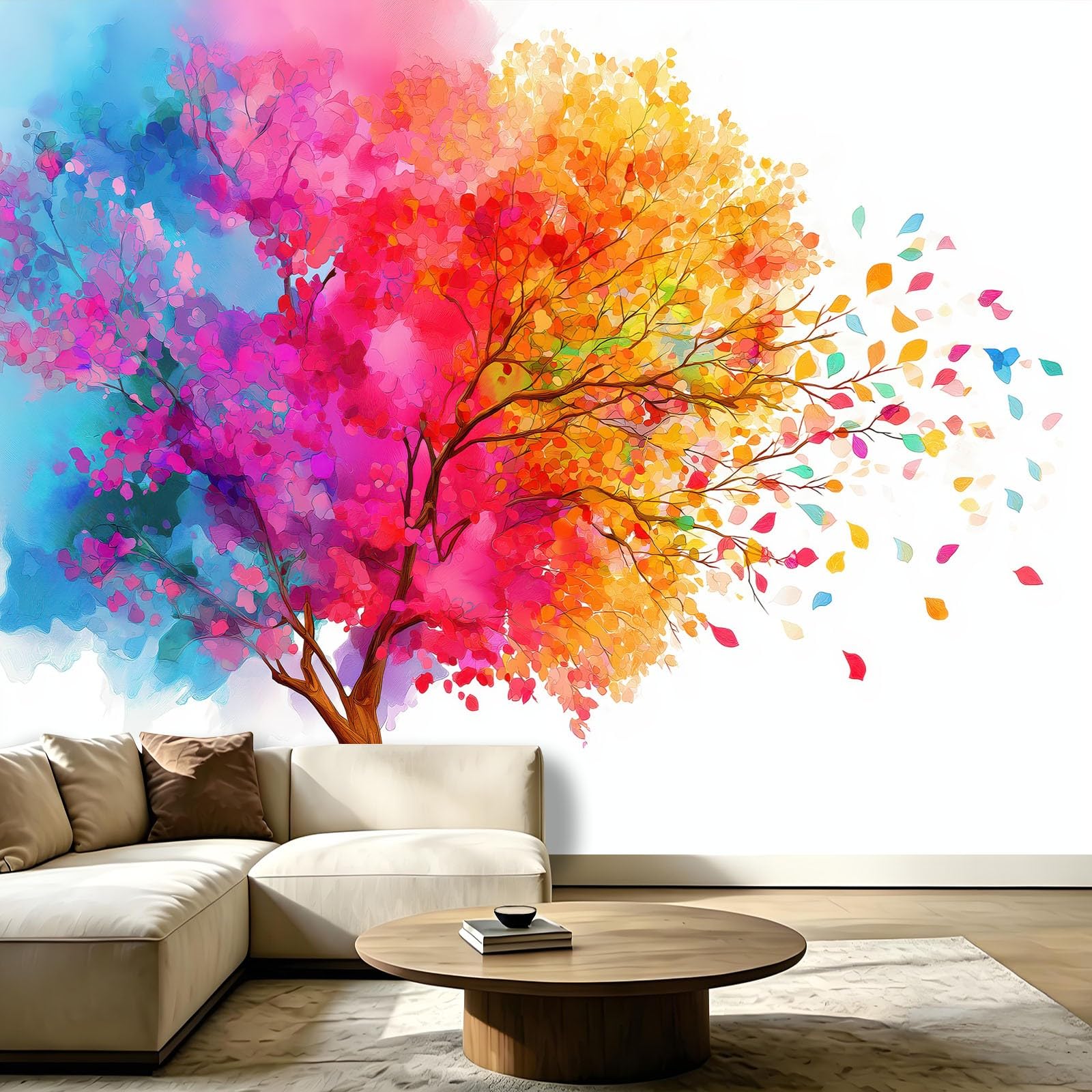 Papel pintado fotográfico abstracto de árboles y hojas, efecto 3D, XXL, 250 x 175 cm, papel pintado no tejido blanco, papel pintado fotográfico para pared para salón, pasillo o oficina