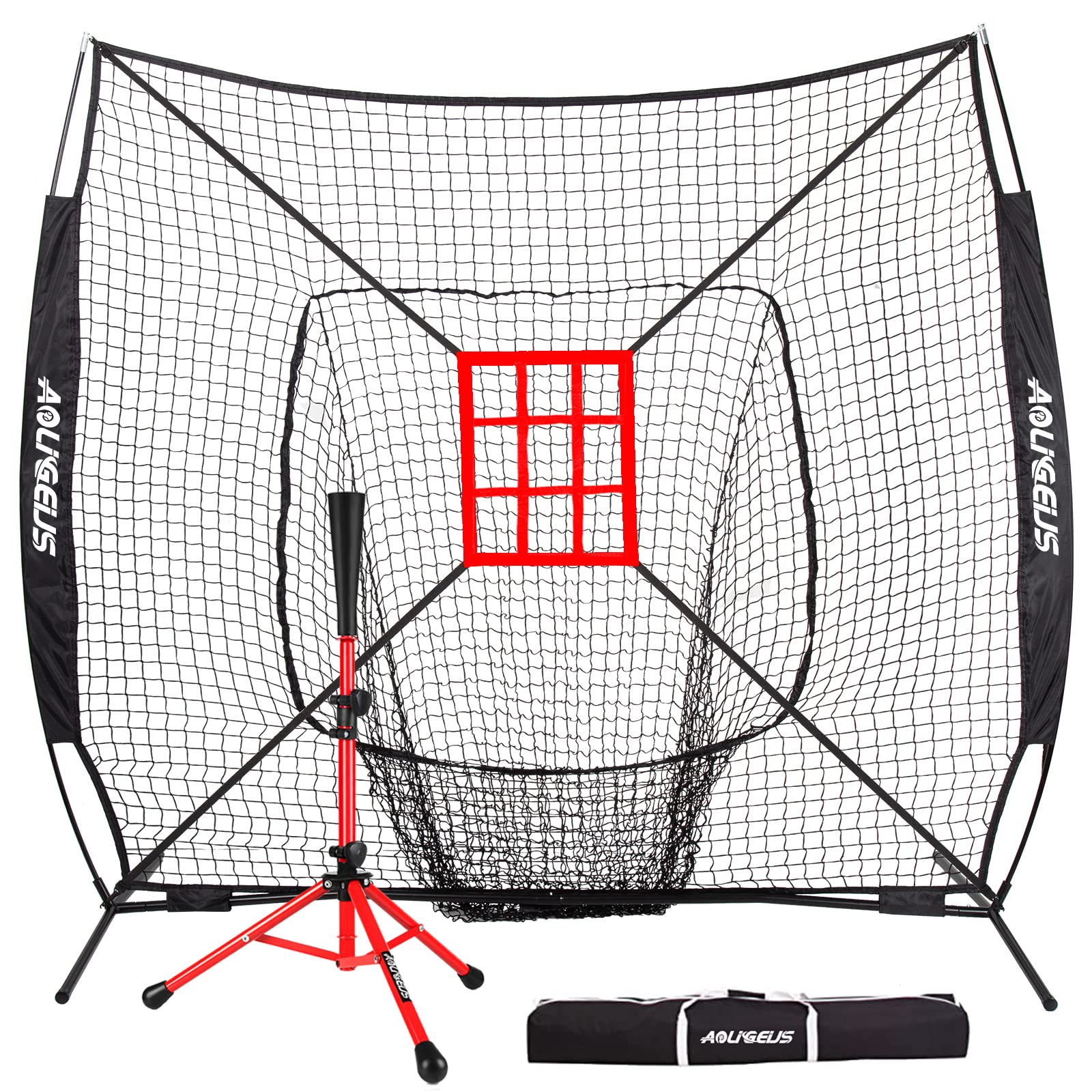 AOLIGEIJS 7'X7' Baseball Softball Practice Net,Pitching Net, Batting Net,with Baseball Tee,Bonus Strike Zone and Bow Frame,for Hitting,Pitching, Catching,with Carry Bag,Great for All Skill Levels