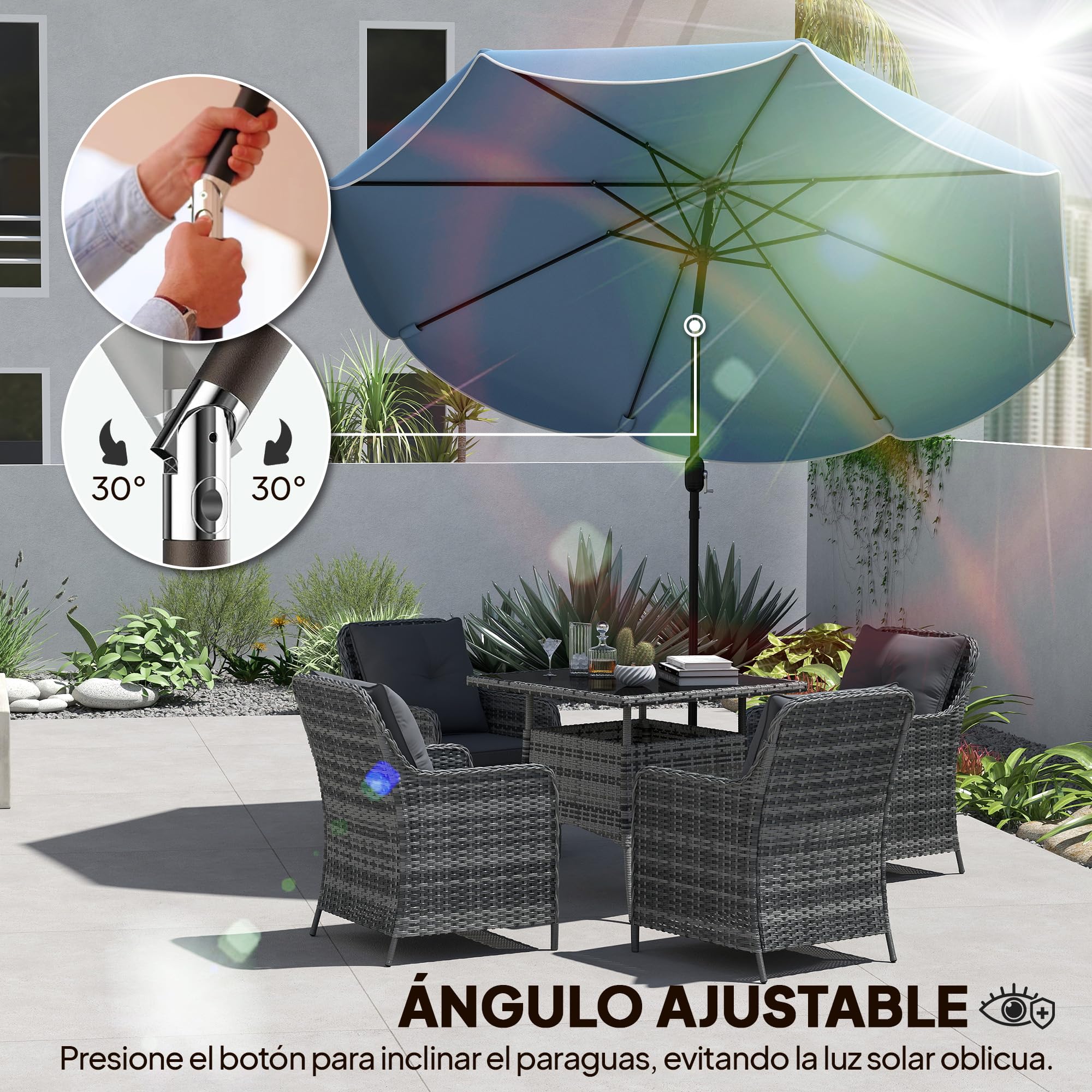 Outsunny Sombrilla Terraza Exterior Ø2,7 m Inclinación Ajustable | Sombrilla de Jardín, 3 Posiciones, Manivela y Volantes, Impermeable, Parasol para Playa, Patio, Terraza
