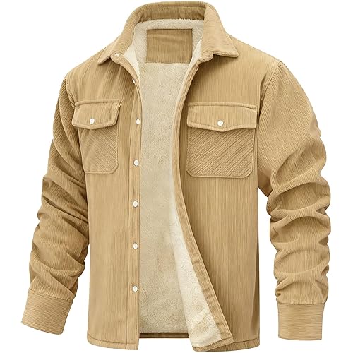 Men's Plus Size Corduroy Fleece Cargo Jacket Winter Snap Button Lapel Trucker Cowboy Coat with Pockets