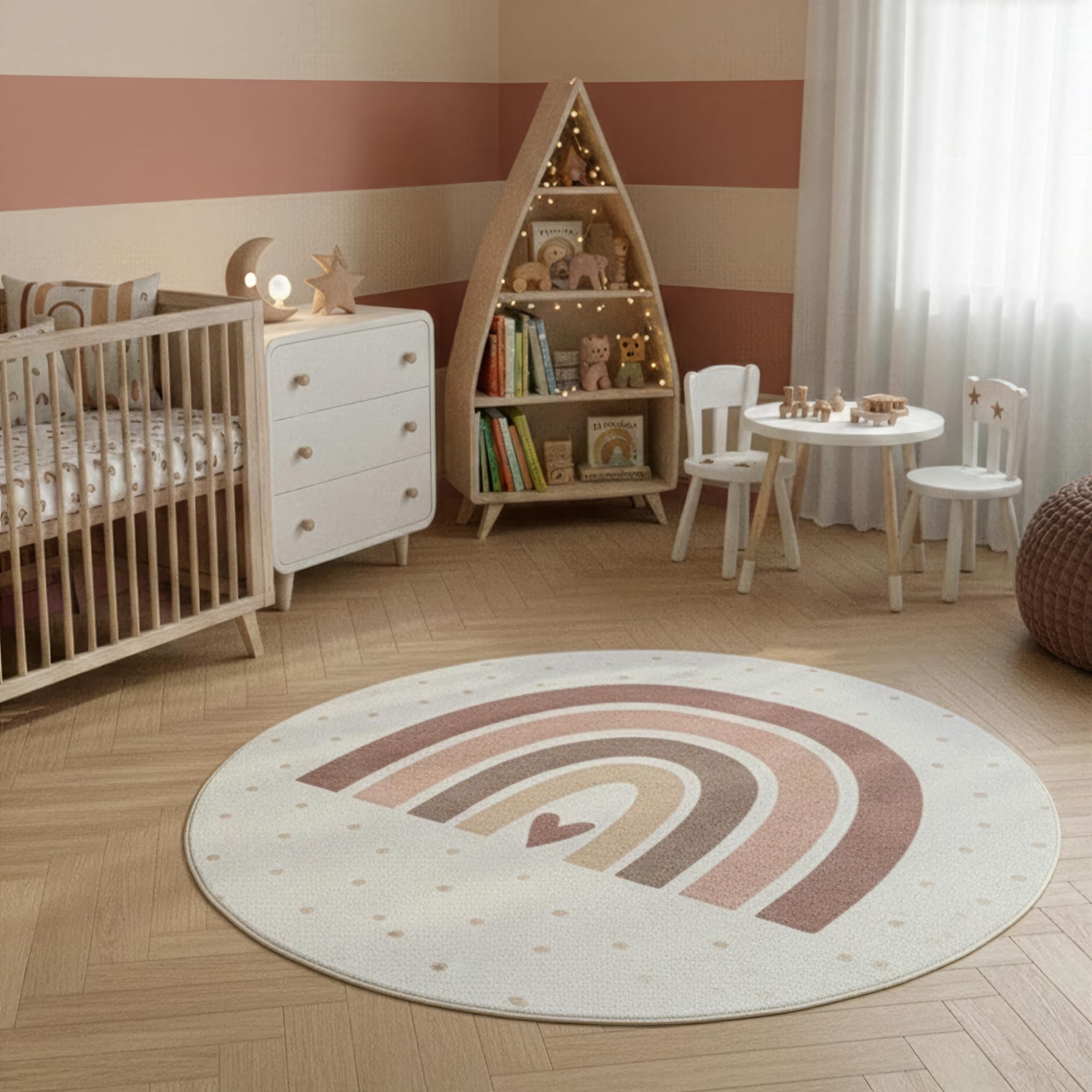 SIMPEX Kinderteppich Regenbogen Spielteppich rund 120 cm für Kinderzimmer in Creme mit Herz Motiv detailreiches Motiv