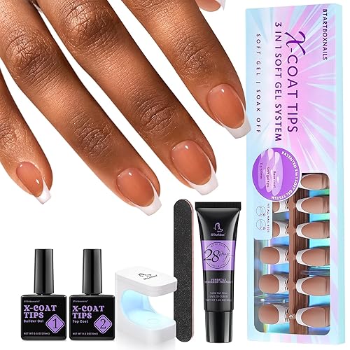BTArtboxnails XCOATTIPS - Kit de uñas de gel francesas a presión con punta francesa corta color marrón ataúd XCOATTIPS preaplicada y capa base, uñas