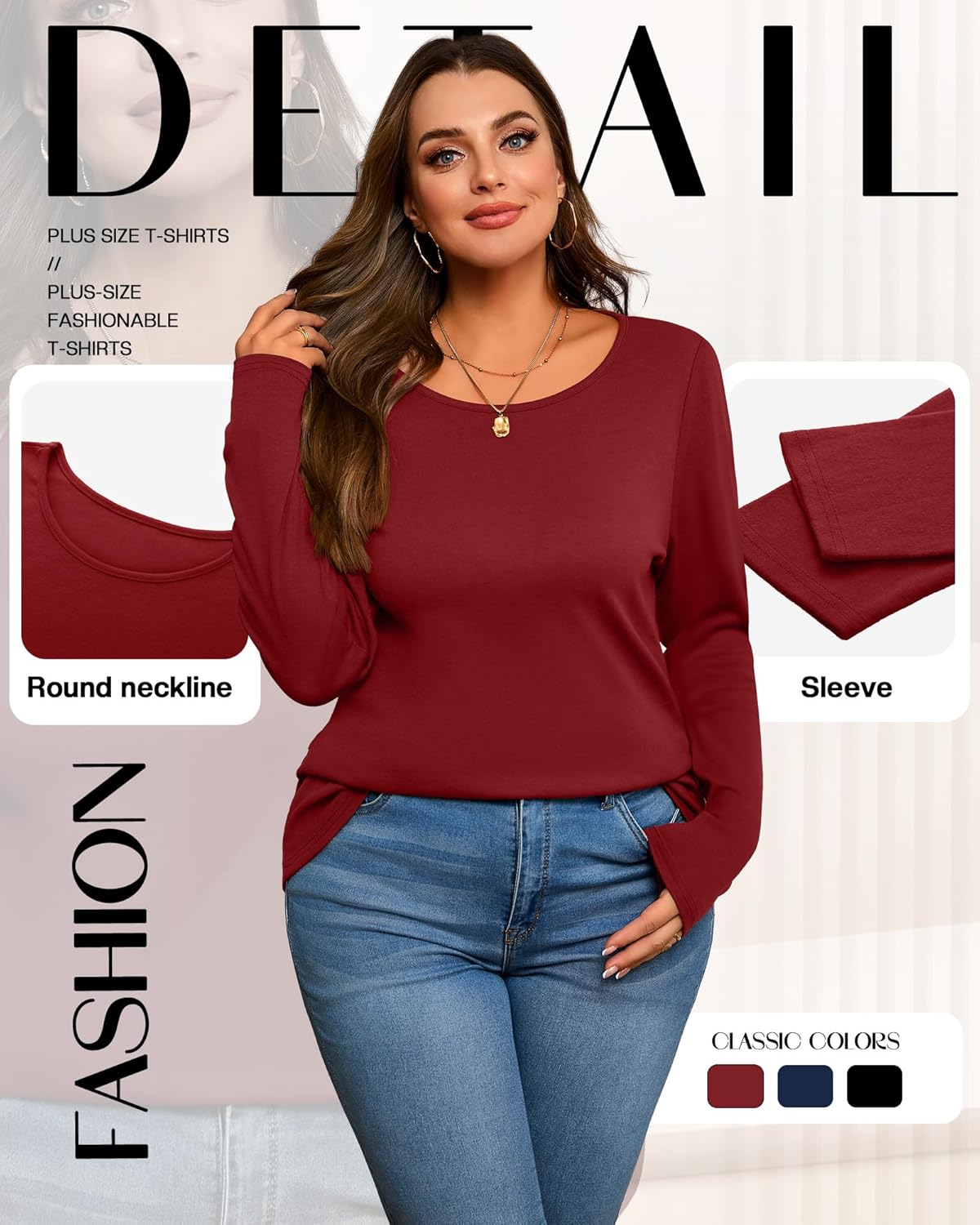 3 Pack Women's Plus Size Cotton Shirts, Scoop Neck Long Sleeve Casual Tops Form Fitting Knitted T-Shirts Blouses - Image 6