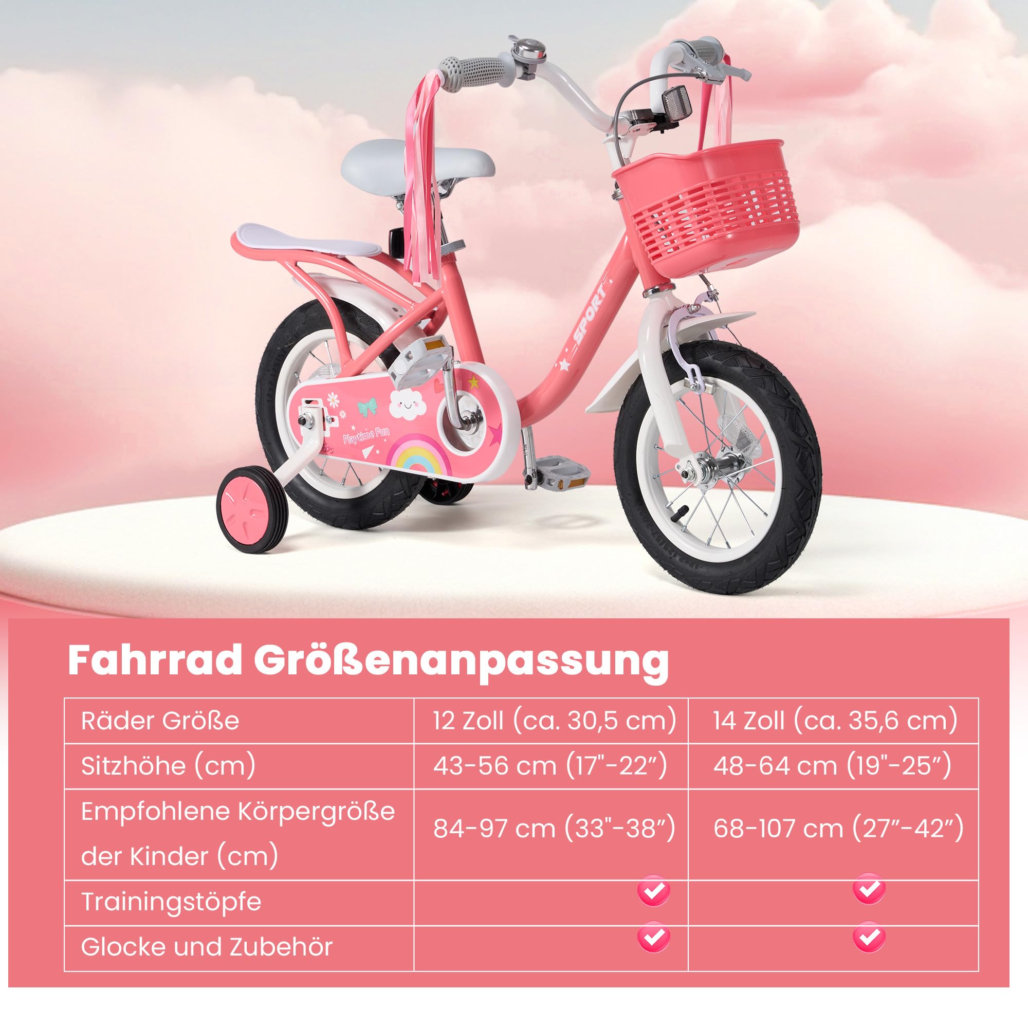 BODIOO Kinderfahrrad 12/14 Zoll Fahrrad für Mädchenmit und Jungen Stützrädern & verstellbarem Sattelfür Spielrad mit Korb & Klingel Fahrer von 94 bis 107 cm-Rosa