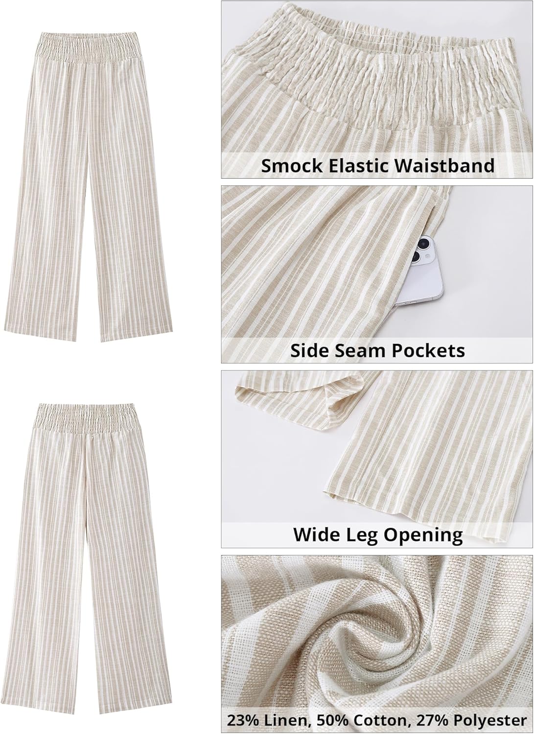 GRAPENT Linen Pants for Women Wide Leg Trendy Pull On High Rise Striped Elastic Smock Waist Beach Vacation Palazzo Pants - Image 6