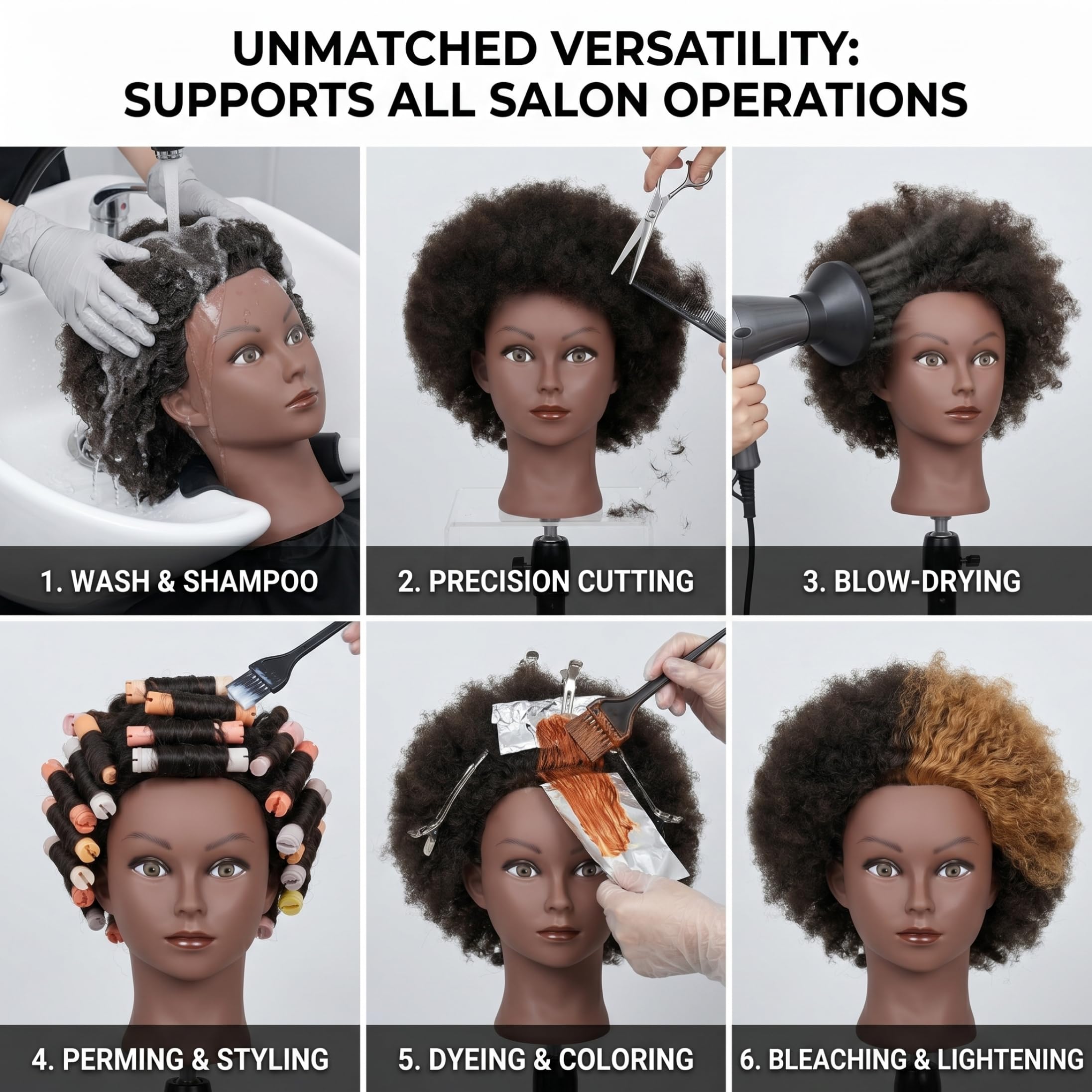 Schaufensterpuppenkopf mit Haaren, Afro-Locken, Schaufensterpuppenkopf, Echthaar, für Friseurpraxis, Kosmetikpuppe, Haarstyling, Verlängerung, Flechten, Bleichen, Färben, 20, 3 cm