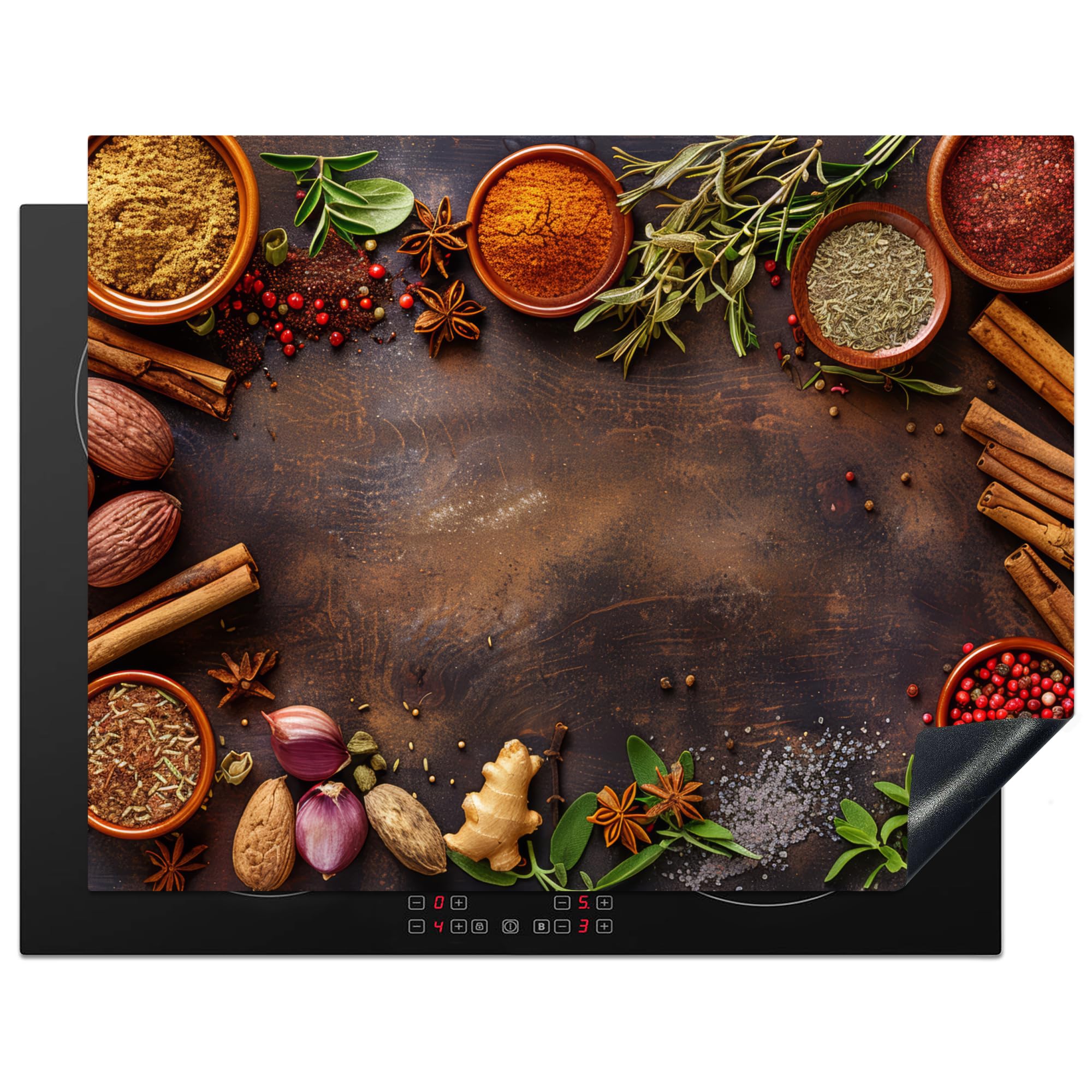 KitchenYeah© Induction Hob Protector Mat 23.2"x30.3" / 77x59 cm Cooker Top Protectors Cover Ceramic Covers Electric Hobs Vinyl Spices - Herbs - Cinnamon Sticks - Wood Print