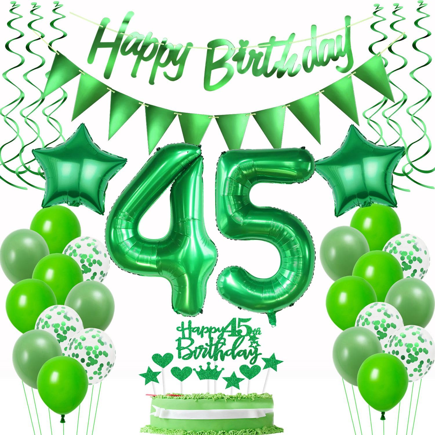 Set Decorazioni 45° Compleanno Verde Salvia E Oro – Striscione, Palloncini Foil E Lattice, Topper Torta, Per Donna E Uomo