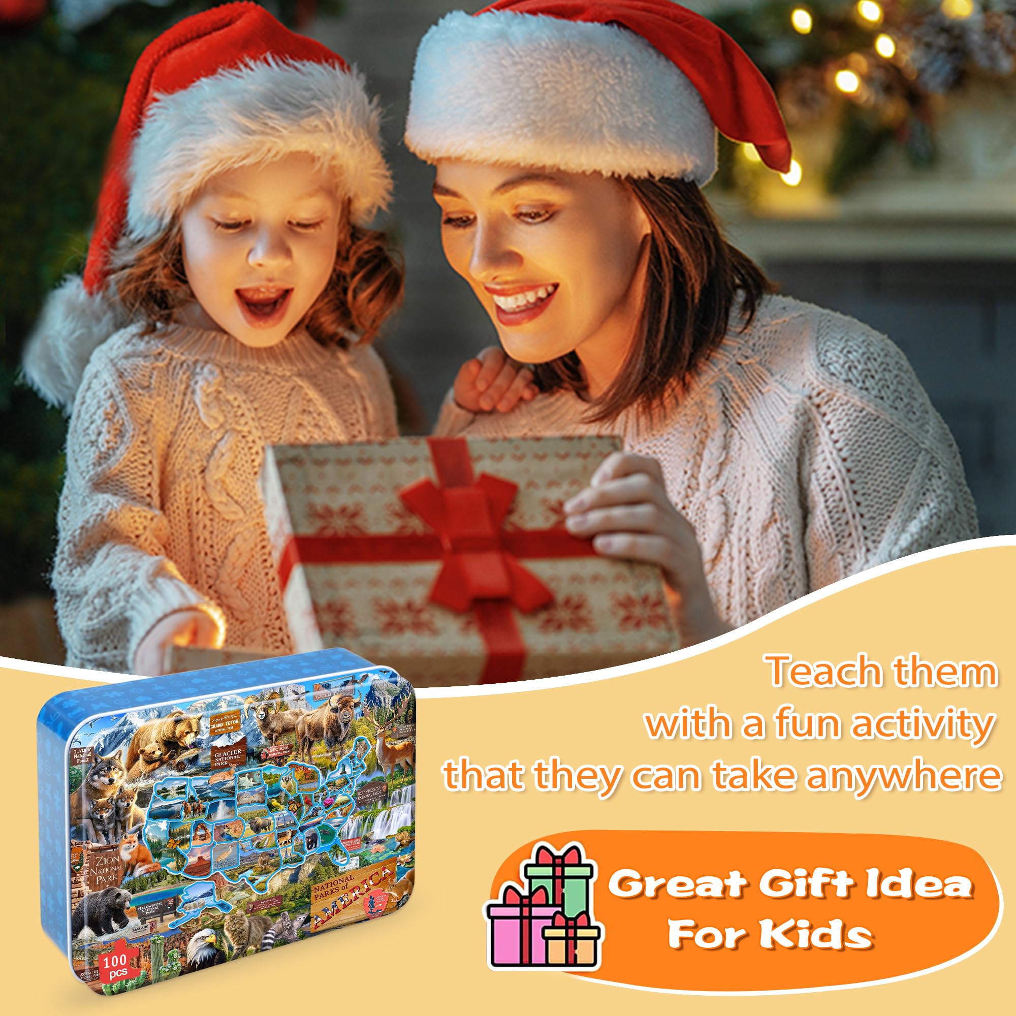 LELEMON Puzzle pour enfants de 4 à 6 ans, carte des parcs nationaux, puzzles de 100 pièces pour enfants de 4 à 8 ans dans une boîte en métal, puzzles éducatifs de 100 pièces, puzzles pour