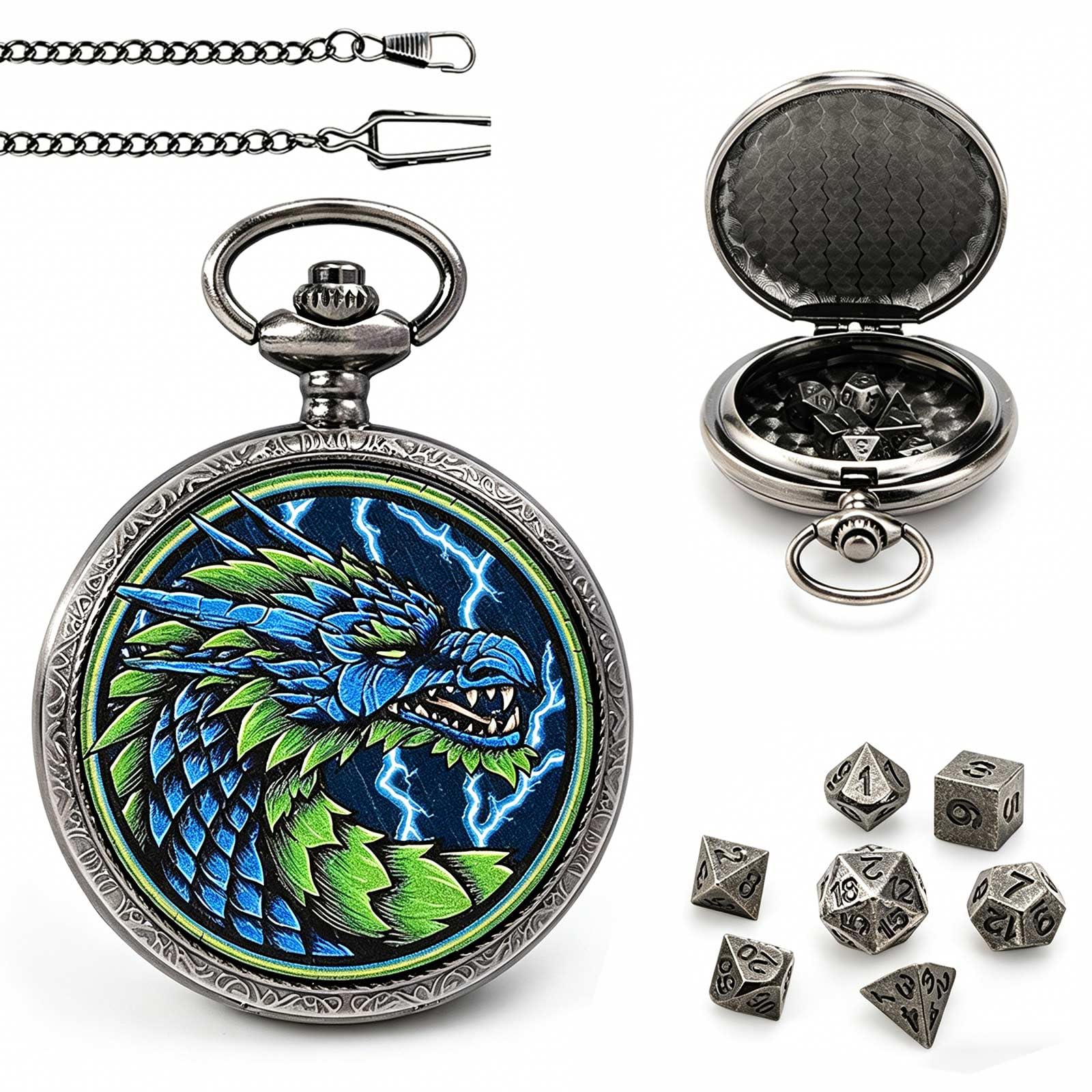DragonSword DND Dice Set with Pocket Watch Case, Portable Metal Dice Set Compatible with Dungeons and Dragons, 7PCS Mini Dice, RPG Role Playing Board Games Accessories (Blue Dragon A)