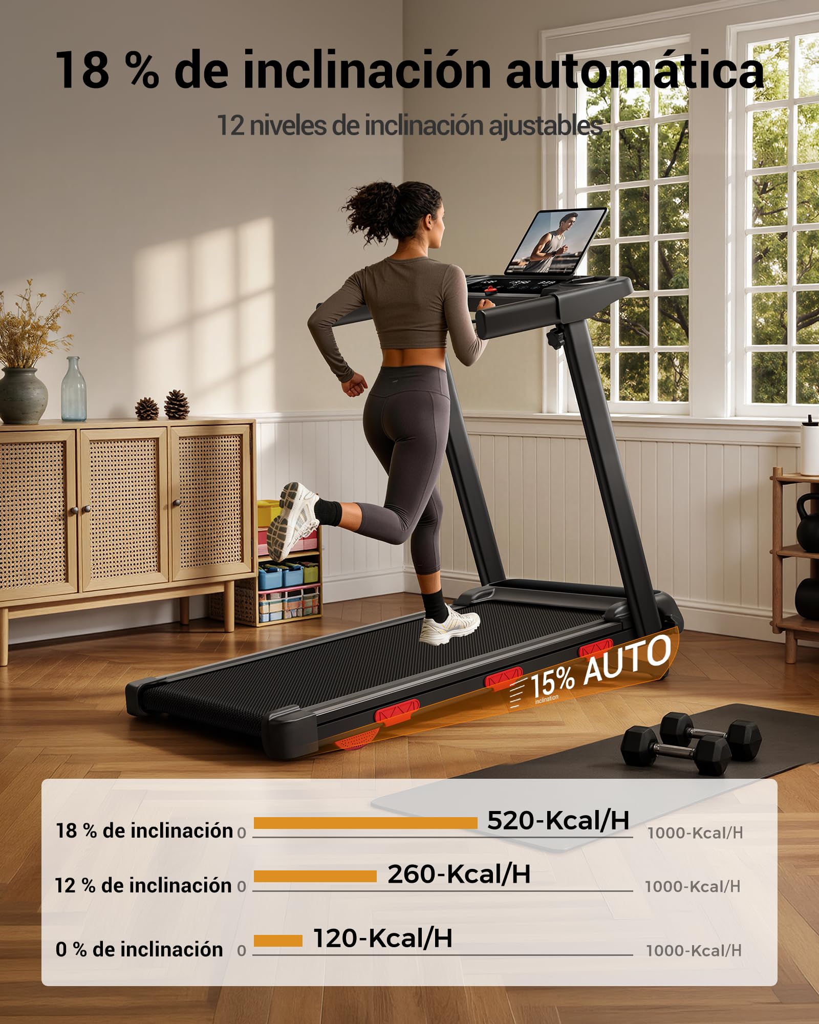 UMAY Cinta de Correr Plegable Eléctrica con Inclinación Automática 18% | 1-12 km/h caminadora electrica para casa con Motor Silencioso de 3,0 HP, Triple Pantalla LED,12 Programas,Máx. 160 kg