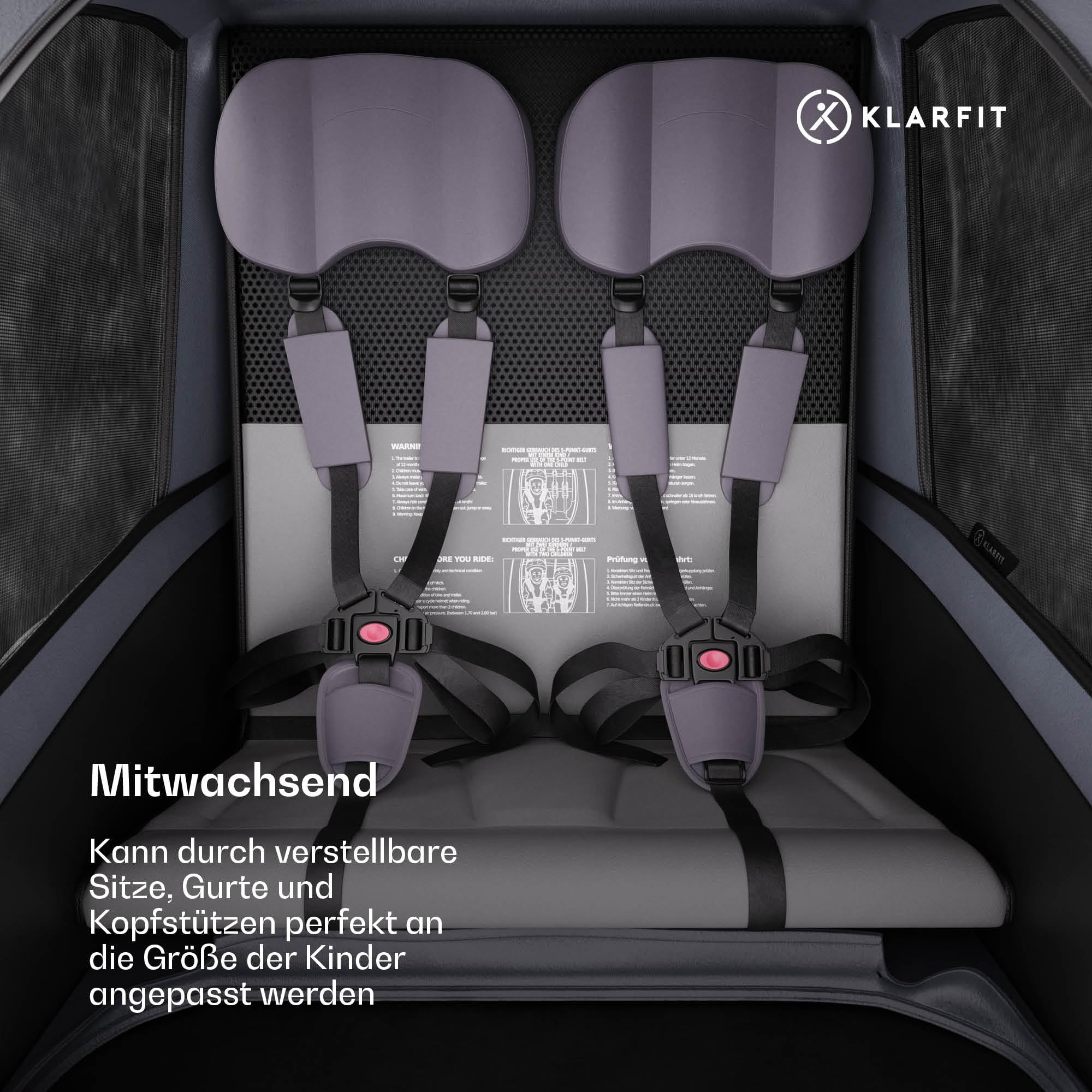 Klarfit GoKiddo Fahrradanhänger 2 Kinder - 2-in-1 Fahrradanhänger & Buggy mit Bremsen, Sicherheitsgurten, Verstellbaren Sitzen, 40kg Kapazität, Regen & UV Schutz, Zusammenklappbar, Dunkelgrau