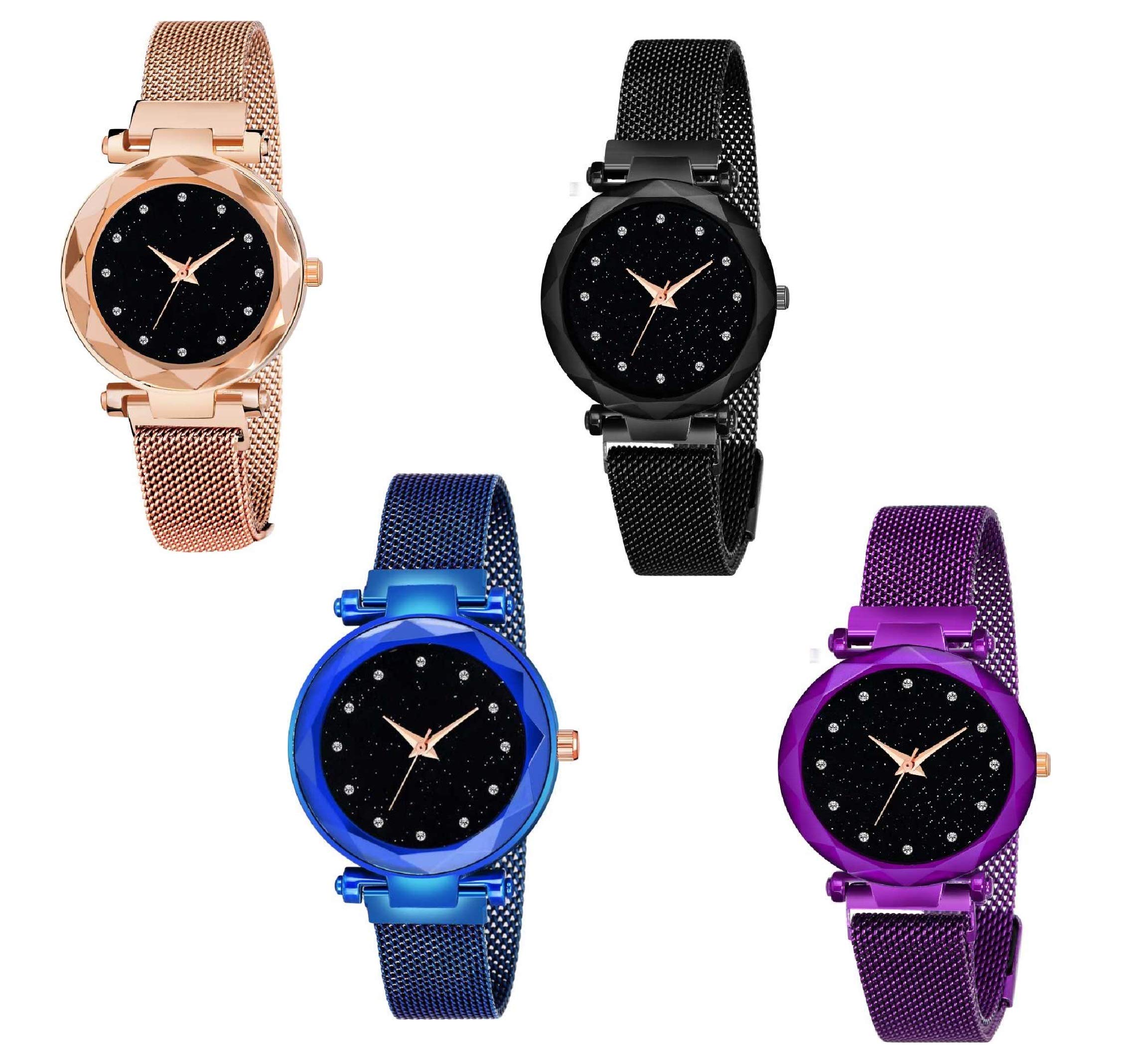 KIARVI GALLERY Black Blue Gold Purple Color with Magnetic Metal Strep Analog Watch for Girls and Women(Pack of 4) (B08FYVYX1J) Amazon Price History, Amazon Price Tracker