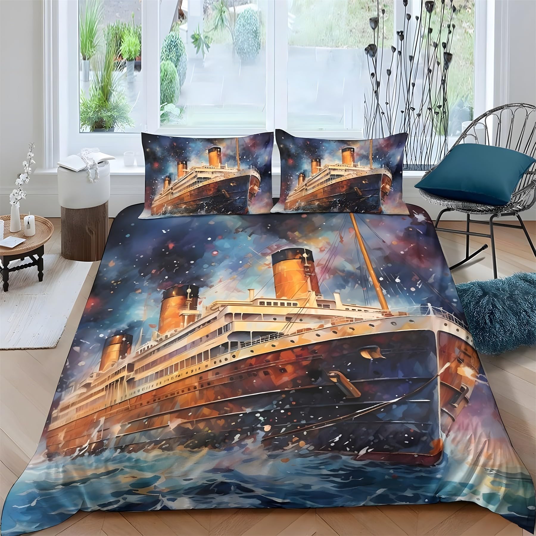 Housse de couette 140x200 microfibre douce pour lit enfant avec motif paquebot vintage rétro