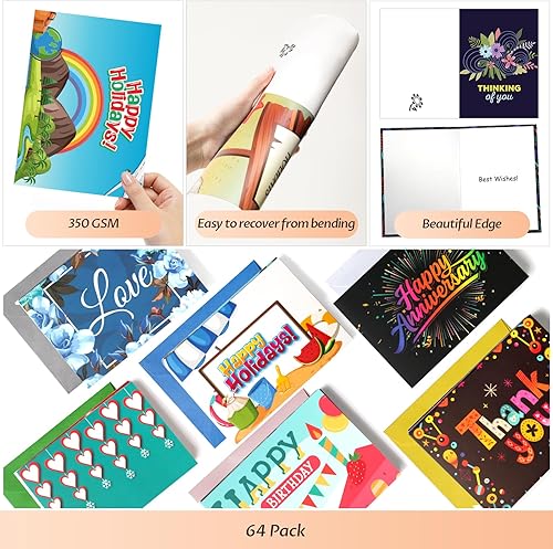 Miniatura 8 de Caja surtida de 64 tarjetas para todas las ocasiones con sobres y calcomanías, tarjetas de felicitación surtidas de 5 x 7 pulgadas con mensaje