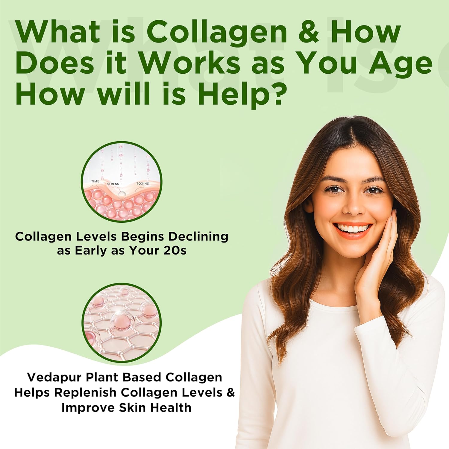 VEDAPURE Plant Collagen Peptides Powder | 7.05 oz Plant Based Vegan Organic Powder peptide Drink Mix with Hyaluronic Acid, Biotion, Vitamin E & C, Healthy Skin, Joints, Hairs, Nails
