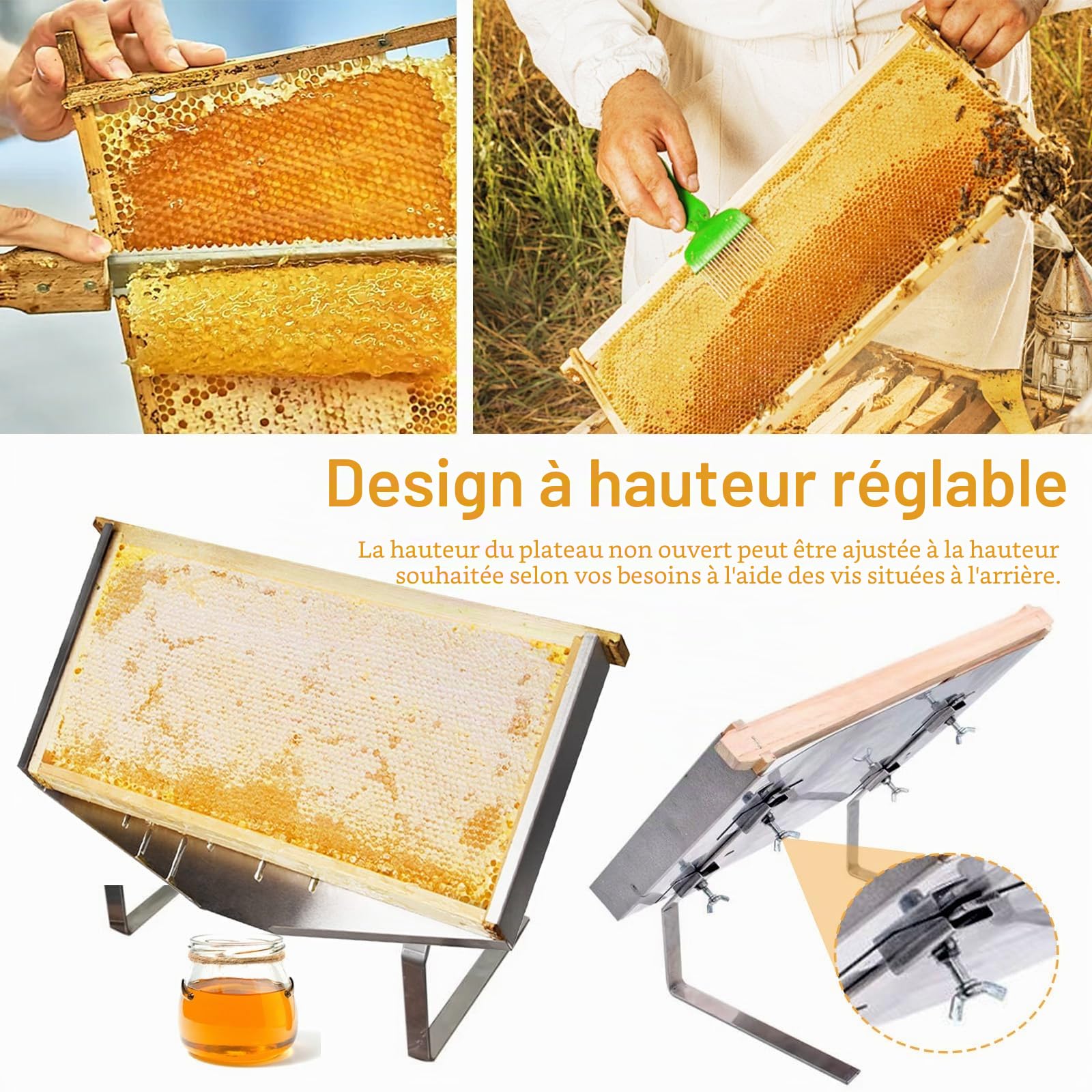 Présentoir de Cadre en Nid d'Abeille en Acier Inoxydable, Support Réglable en Nid d'Abeille pour Apiculture, Support de Débouchage de Miel pour Restaurants, Cafés, Hôtels, Boulange