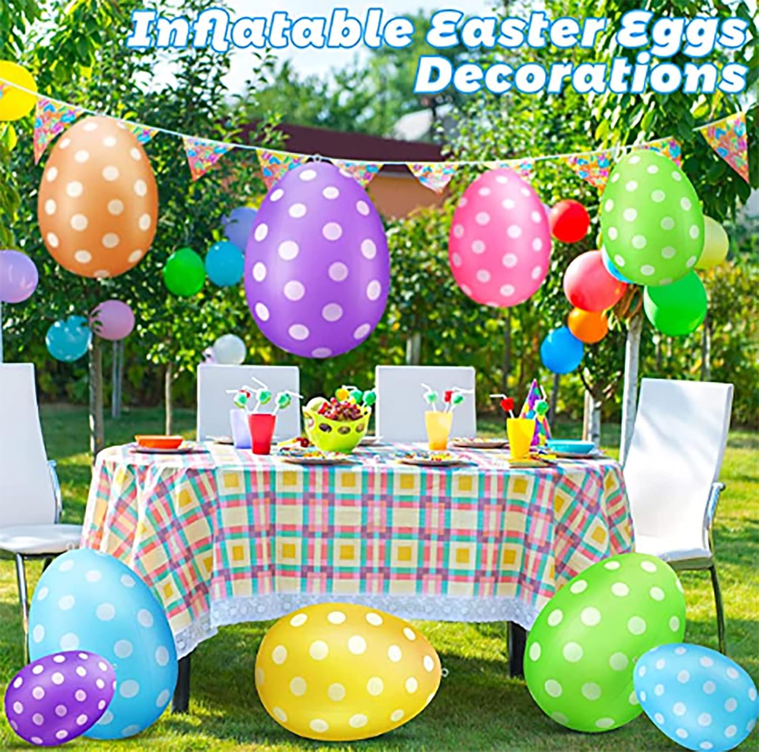 2024 Inflatable Easter Eggs Outdoor Decoration Hanging Colorful Egg Ornaments for Holiday Yard Garden Lawn Porch Party (16inch-6PCS, Set A)