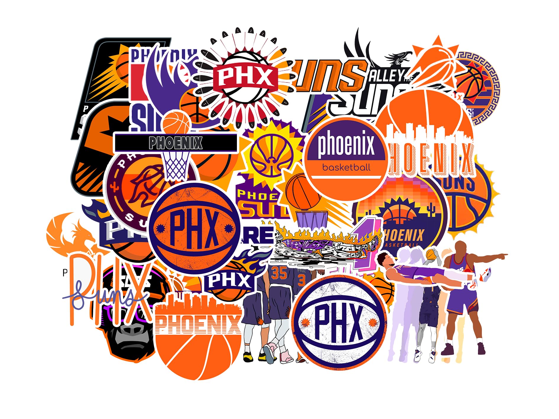 34 PCS Phoenix Vinyl Suns Basketball Star Stickers for Water Bottle, Laptop, Bicycle, Computer, Motorcycle, Travel Case, Car Decal Decoration Sticker Graffiti Decals