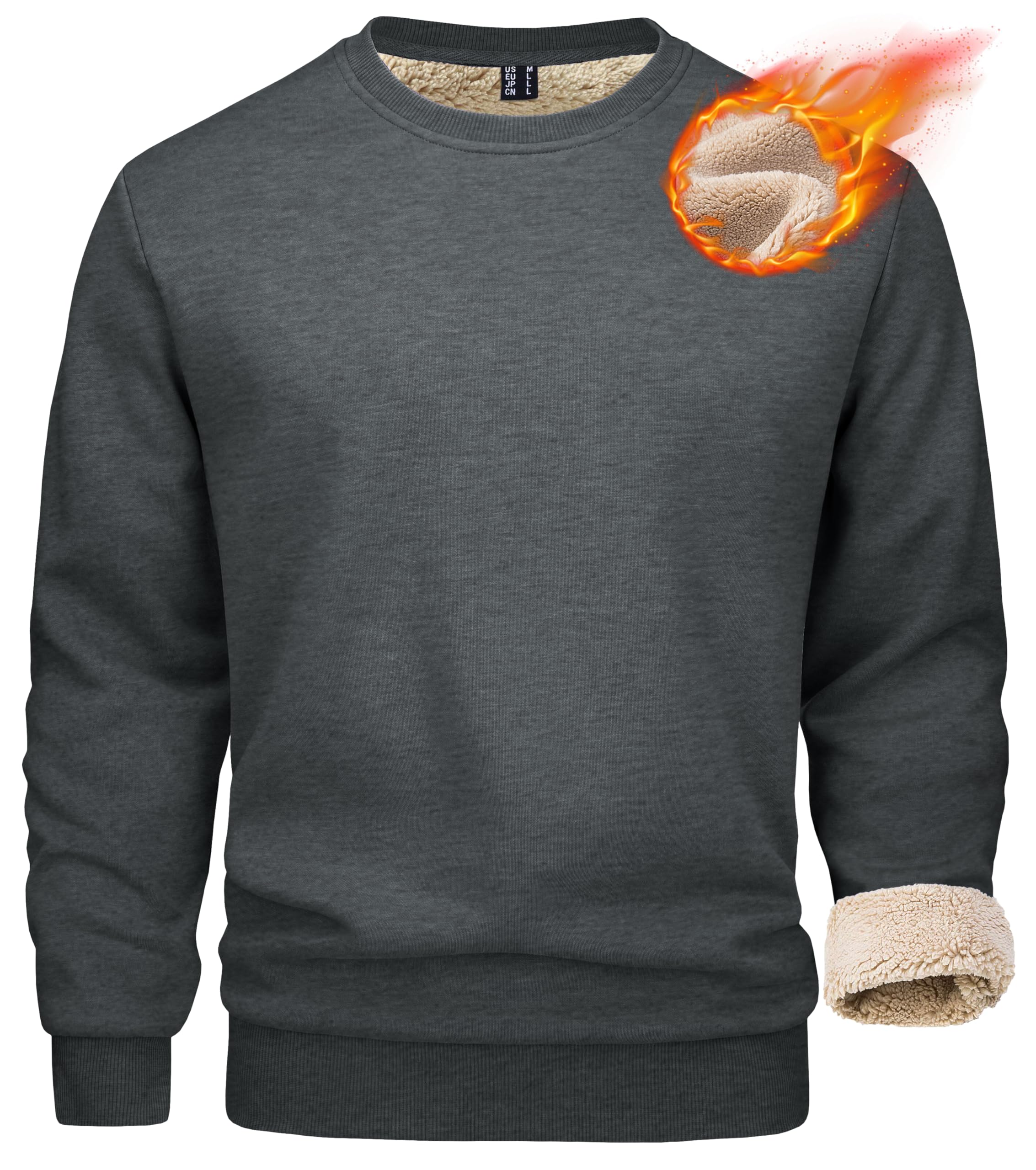 Men's Sherpa Lined Sweatshirts Fleece Pullover Basic Tops Warm Crewneck Winter Sweatshirt