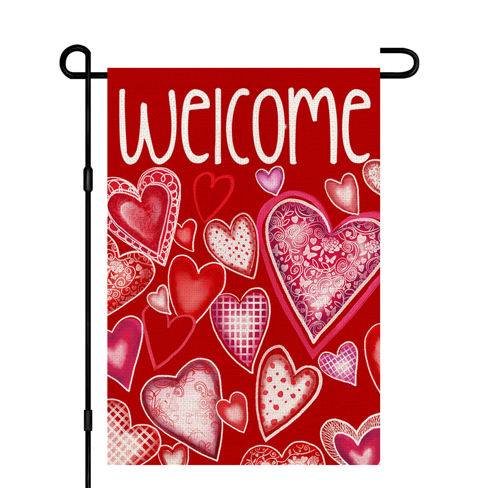 Decorhua Valentine Day Garden Flag Burlap 12x18 Double Sided, Spring Love Heart Sign Decoration for Outdoor Seasonal Yard DF397