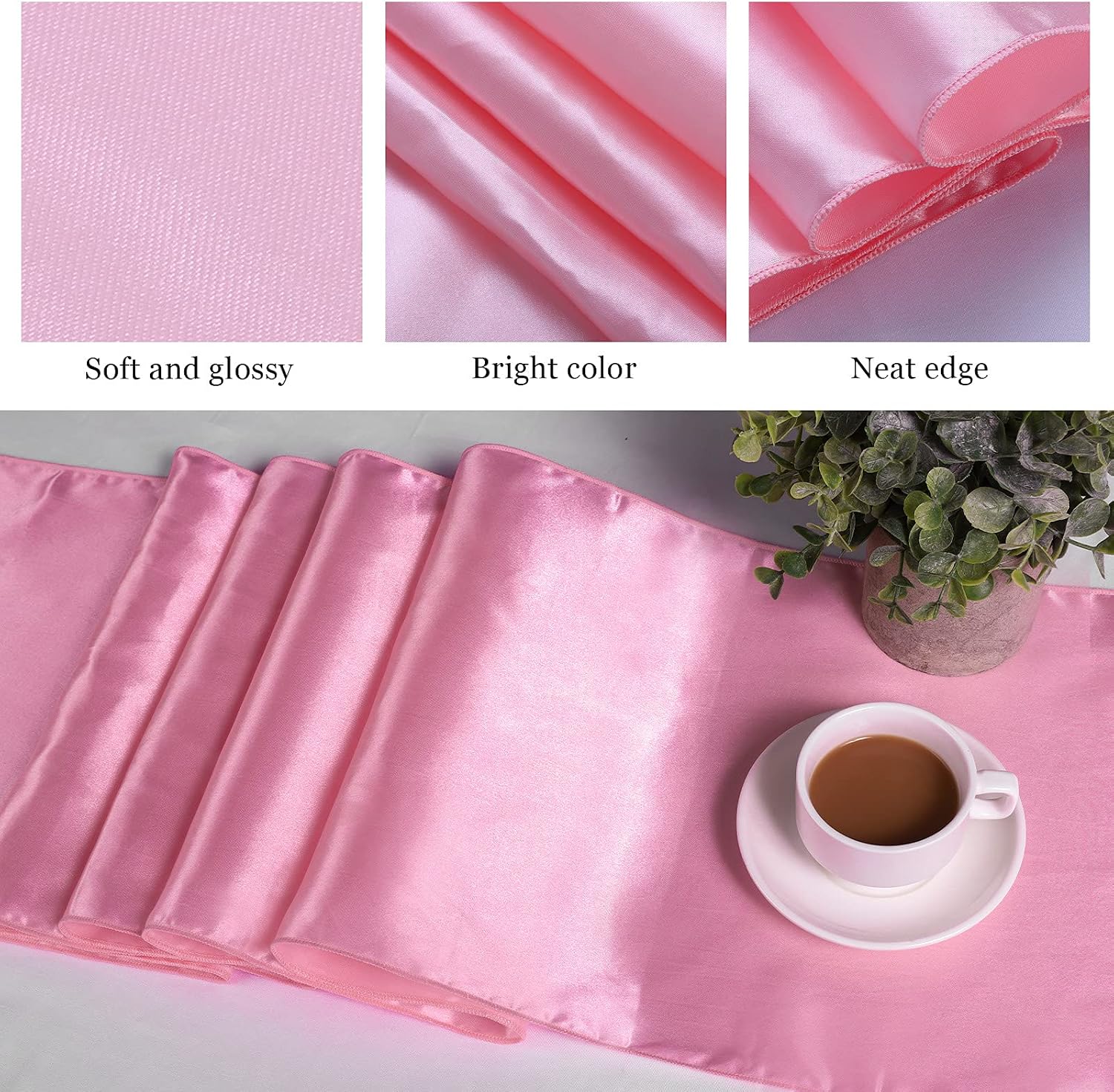 Ruisita 6 Pack Wedding Satin Table Runner 12 x 108 Inch Pink Long Bright Silk Wedding Dinner Party Table Runner for Wedding Banquet Birthday Party Decoration