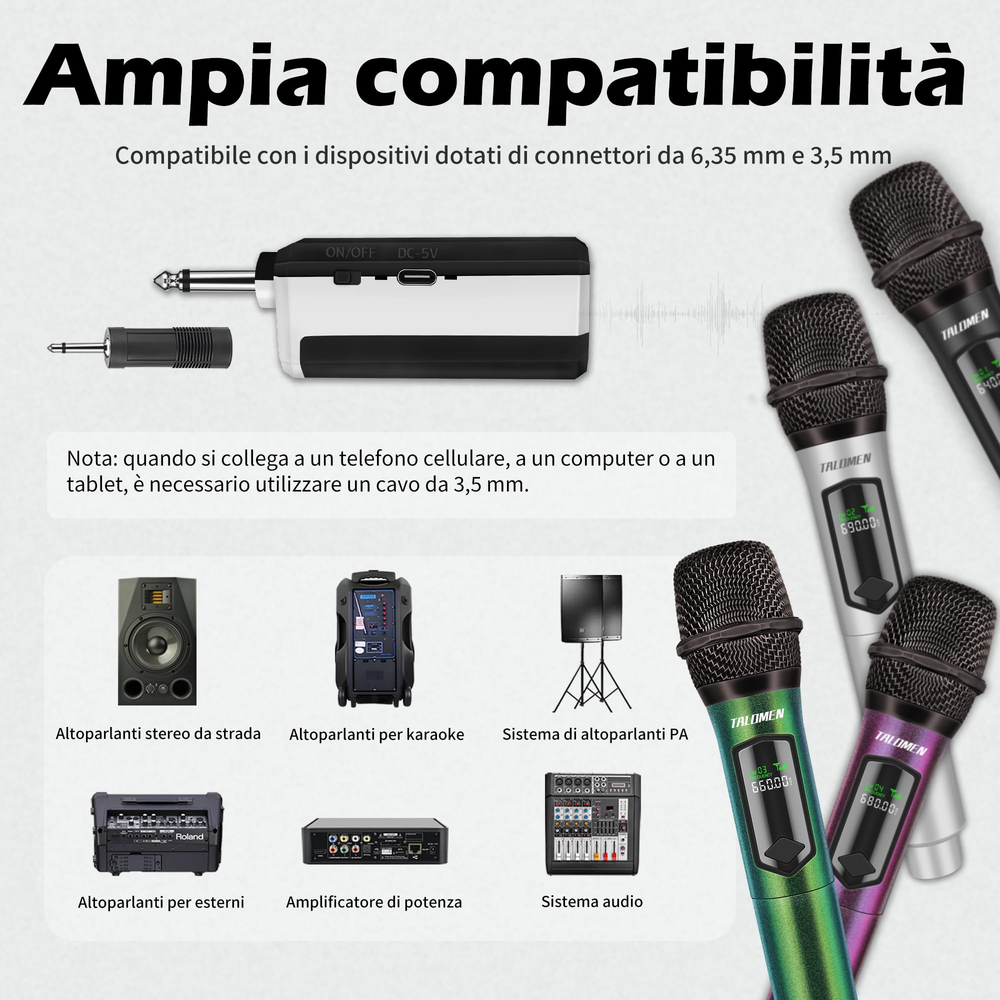 talomen Microfono wireless karaoke 2,4 GHz, microfono dinamico portatile professionale con ricevitore ricaricabile, per canto, karaoke, feste, esibizioni dal vivo, K604 Argento, Nero, Verde, Viola