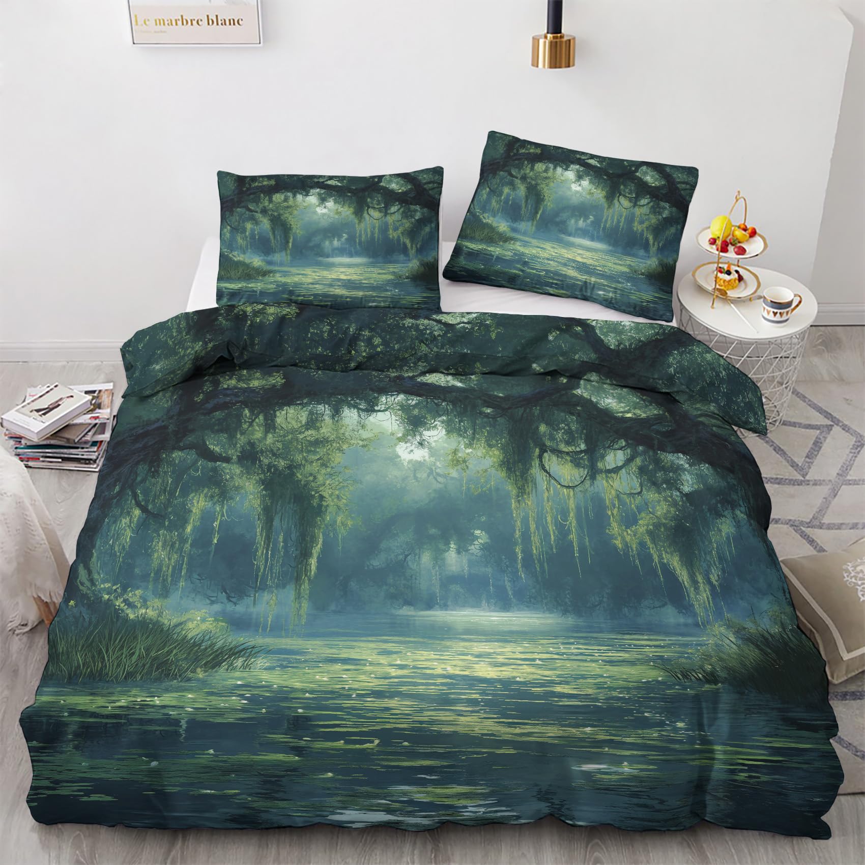 Nogawa Multicolor Mystical Forest Bedding Double - Green Double Duvet Set - Reversible Quilt Cover & 2 Pillowcases With Zip And Ties, Ultra Soft And Non Iron Brushed Microfibre Bed Set