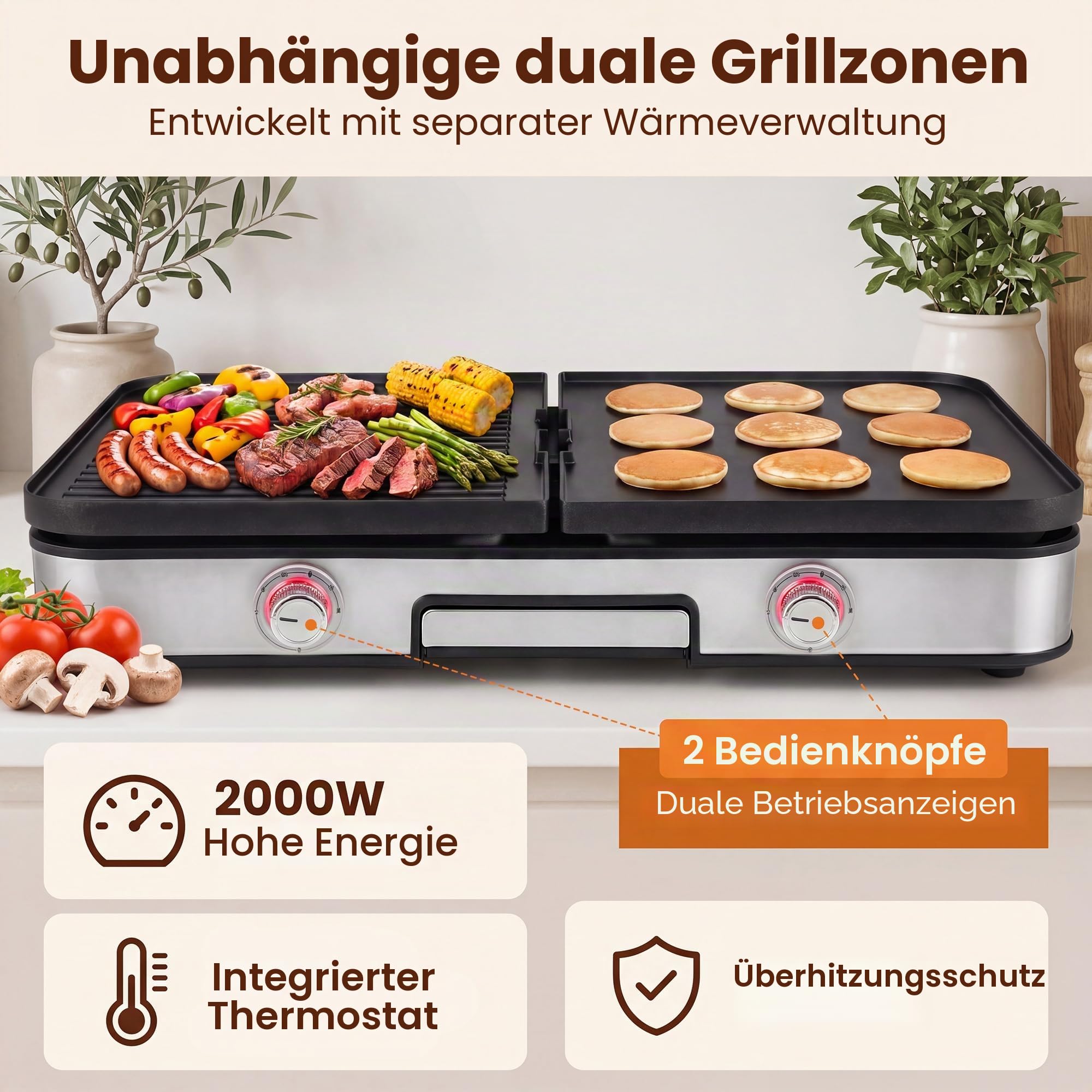 LIFEZEAL Elektrogrill, Tischgrill elektrisch 2000 W, Elektrischer Plattengrill Indoor mit 2 wendbaren Platten, individuelle Temperatureinstellung, Elektro Grill Indoorgrill für Haus, Balkon, Camping