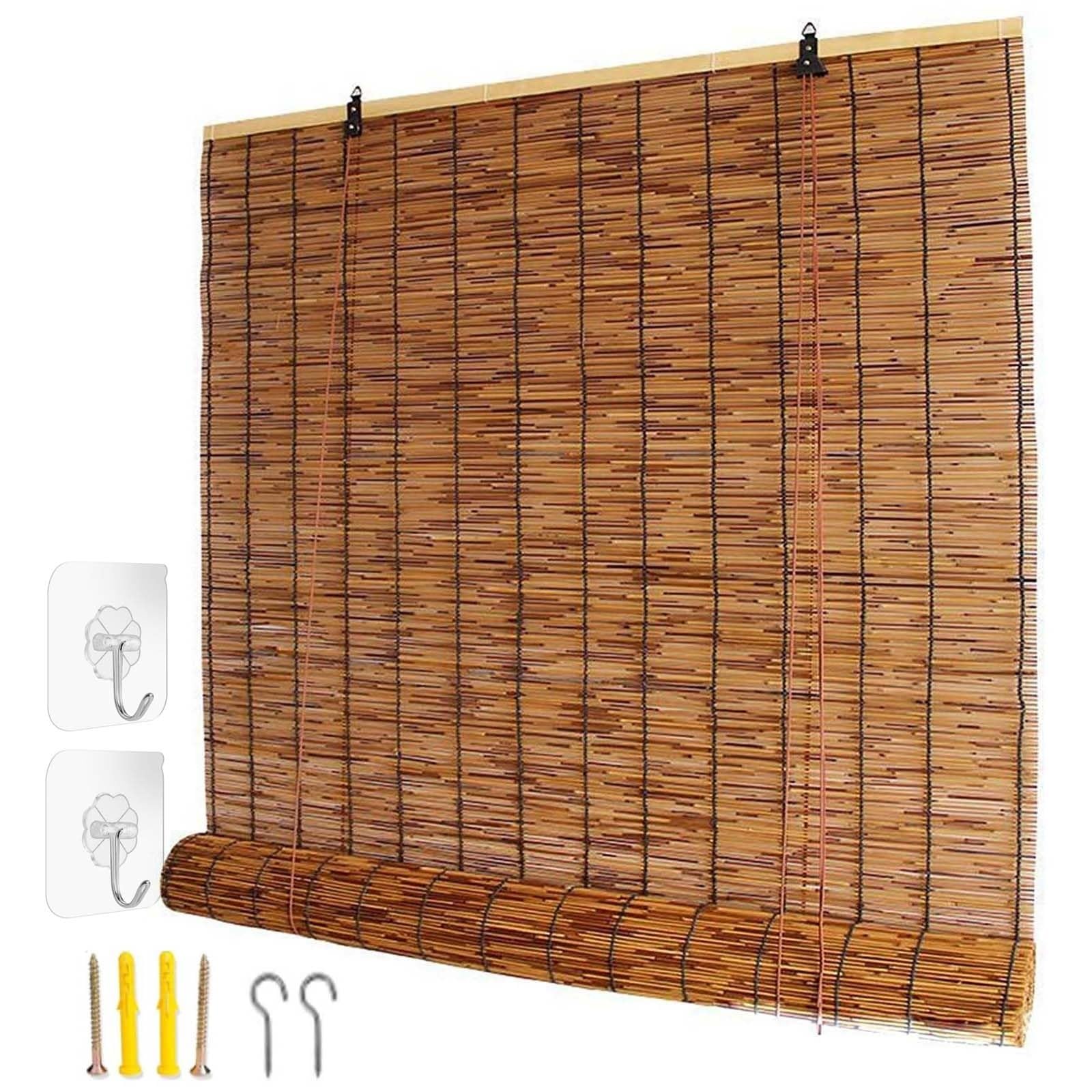 Roll Up Bamboo Shades Blinds, Retro Reed Blinds, Roman Roller Curtain, Privacy Screen for Windows Outdoor Patio Porch Home Weatherproof Cordless 48 x