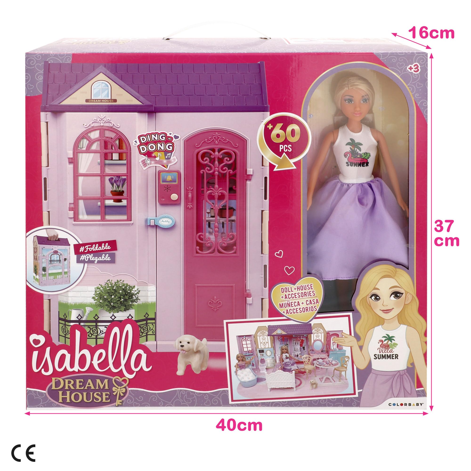 ColorBaby Isabella 39416 Domek dla lalek, 1 piętro, 74 x 37 cm, lalka przegubowa 30 cm, ponad 60 akcesoriów, składana konstrukcja z uchwytem, przenośny dom, zabawki dla dziewczynek w wieku 3 lat
