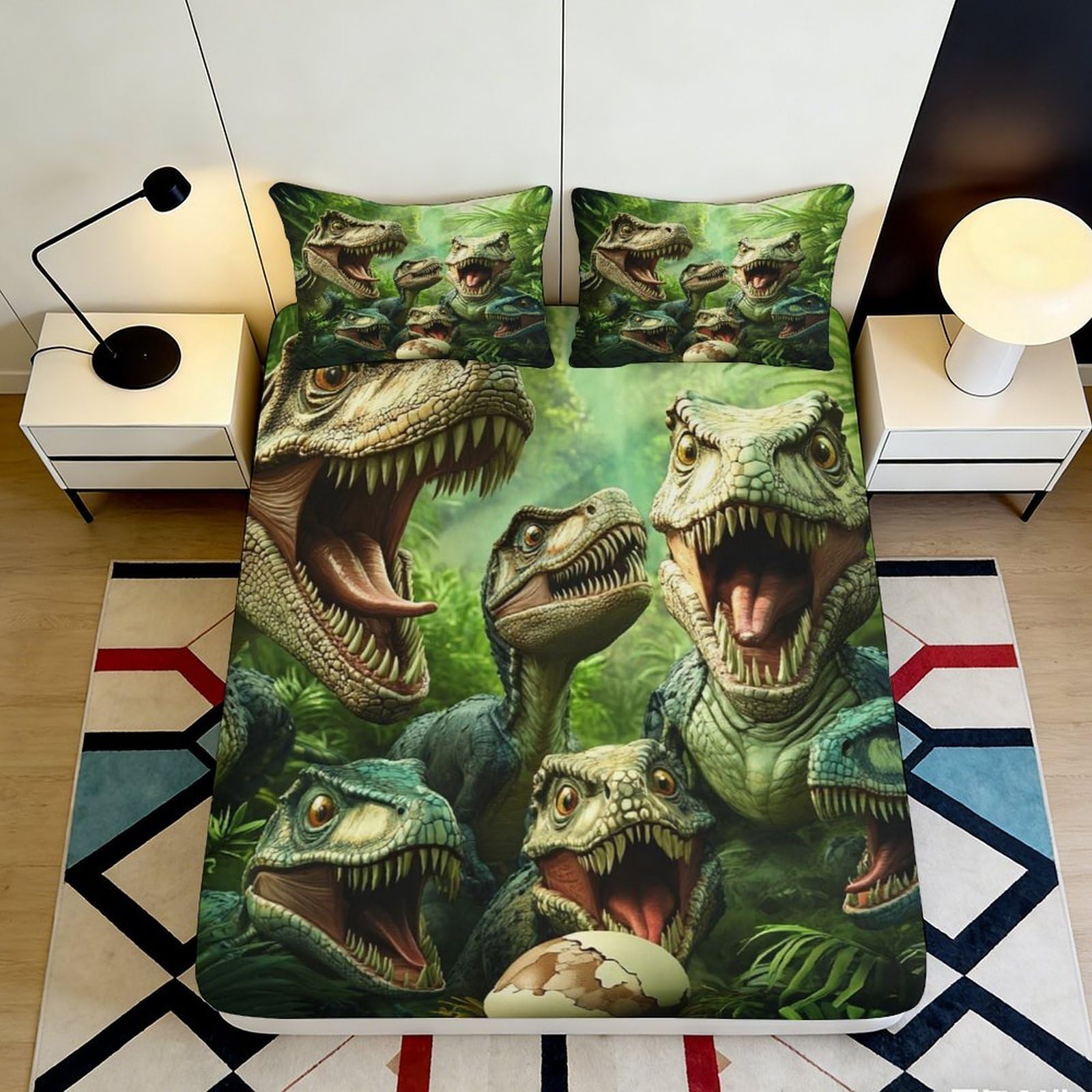 3D Printed Dinosaur Jungle Fitted Sheet Microfiber Breathable Green T-Rex Bed Cover for Bedroom Guest Room Décor 90x200x25cm