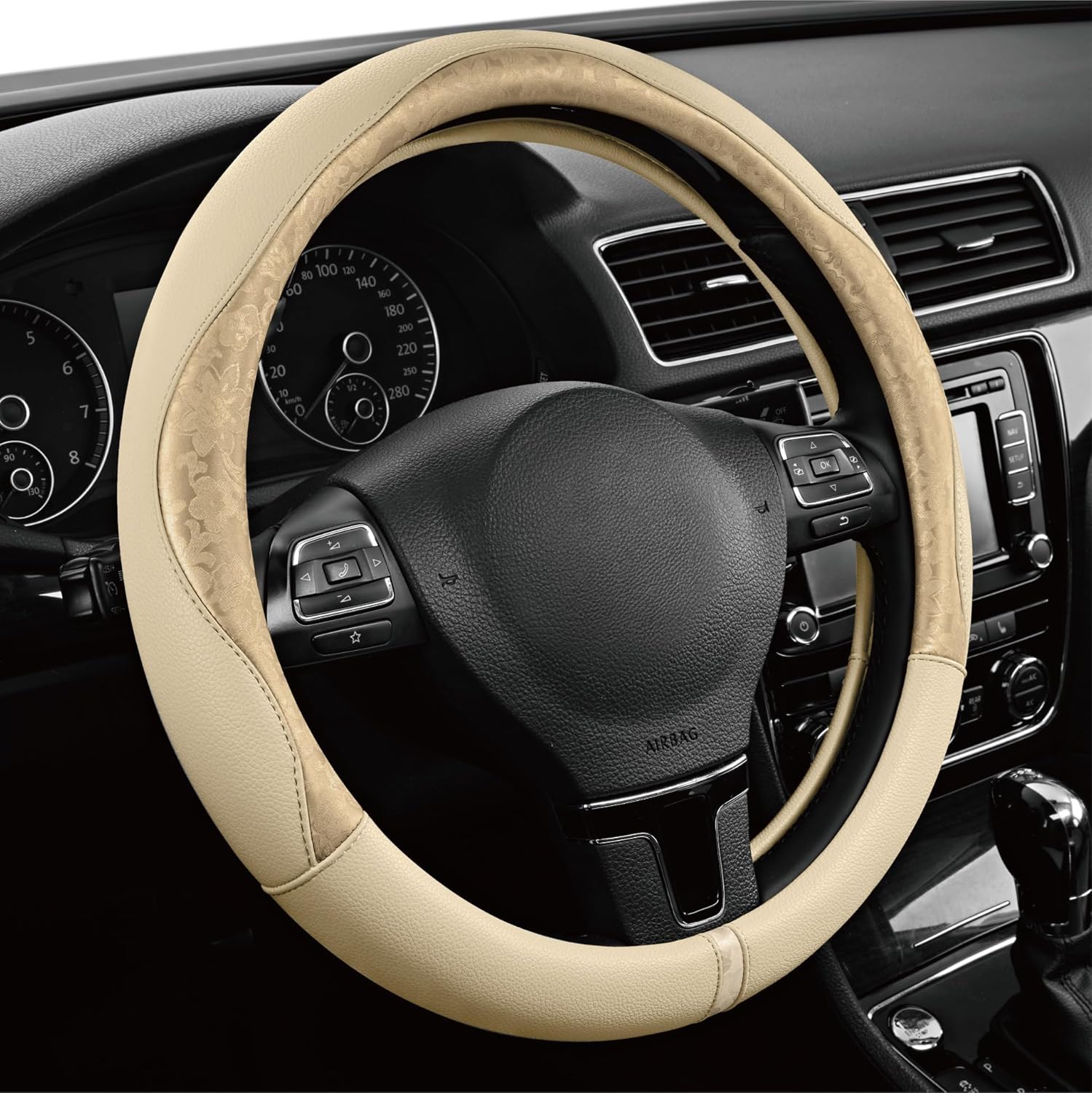 PIC AUTO Steering Wheel Cover, Gold Patterned Leather Patchwork Design, Universal Fit 14.5"–15.5", Anti-Slip, Odor-Free, Soft PU Grain Leather, Durable Grip Car Accessory for Girls & Women - Image 2