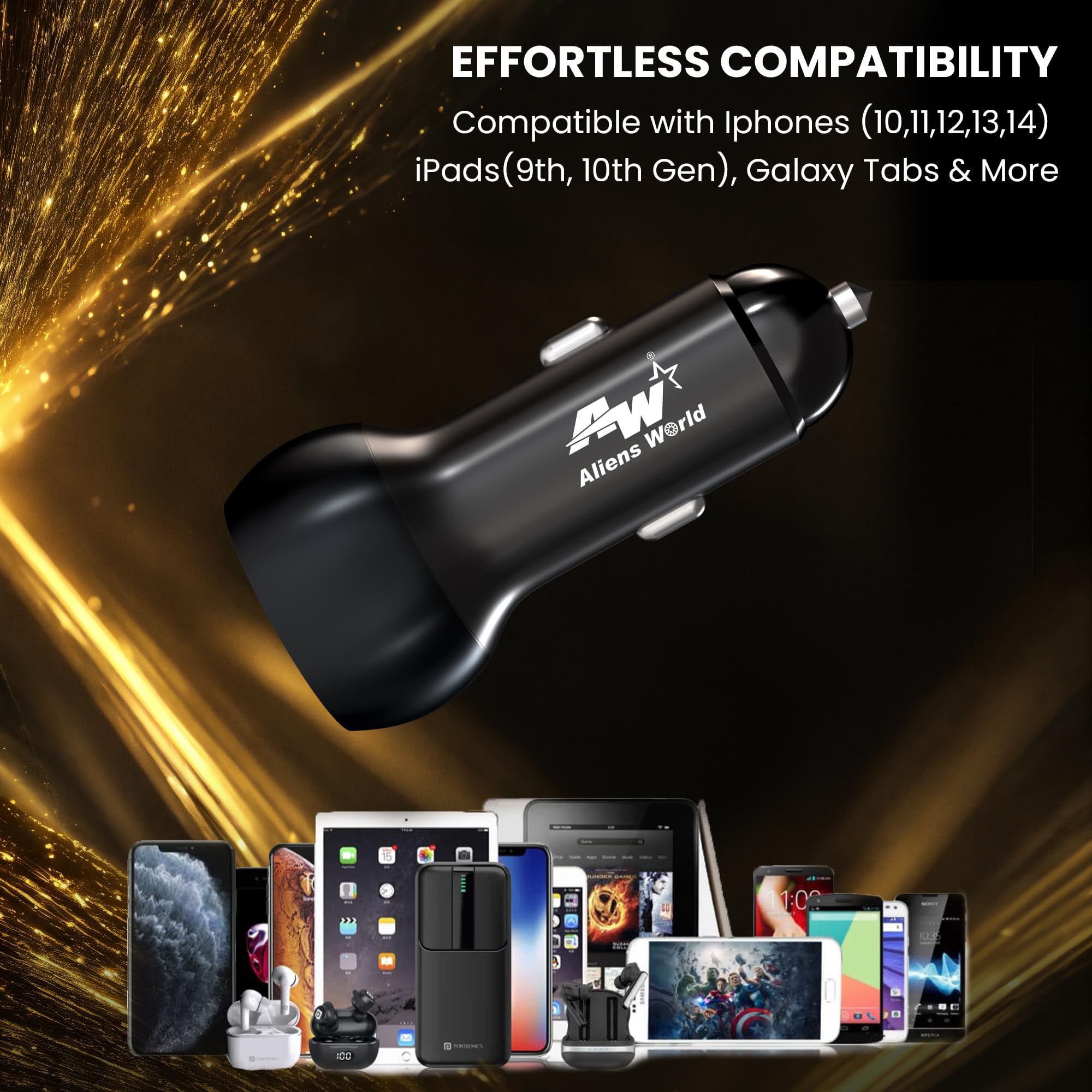 aliens world PD4.8A +24 Watt PD+USB Fast Car Charger with Dual Output,24 Watts,Fast Charging, Adapter for iPhone & Android Smartphones and Tablets with 3 in 1 Data Cable (Black) 1