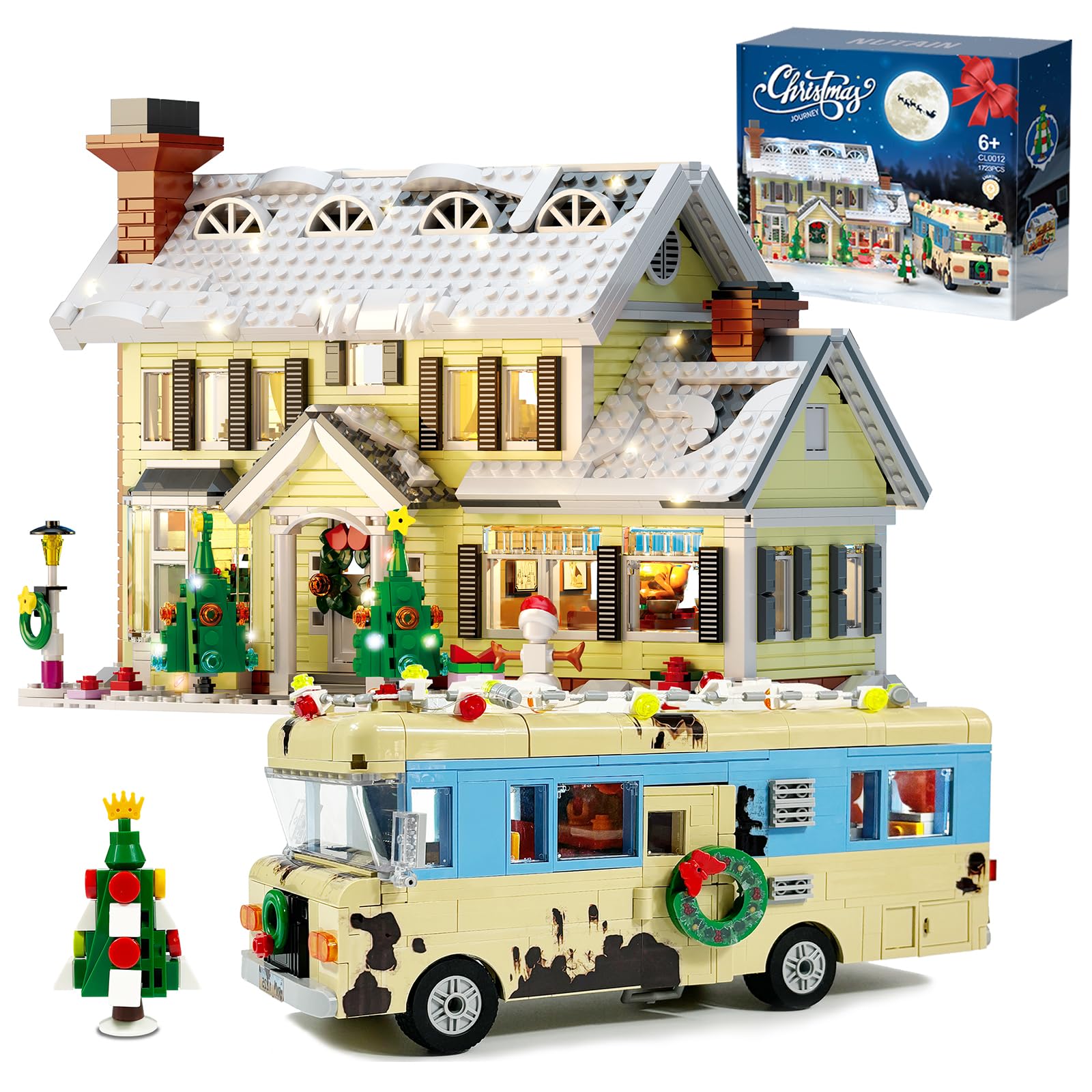 NUTAIN Snow Village&Cousin Eddie's RV Building Set with LED Lights,2 in 1 Christmas Vacation Griswold Holiday House and Christmas Holiday Snow Village RV Gift(1726PCS)
