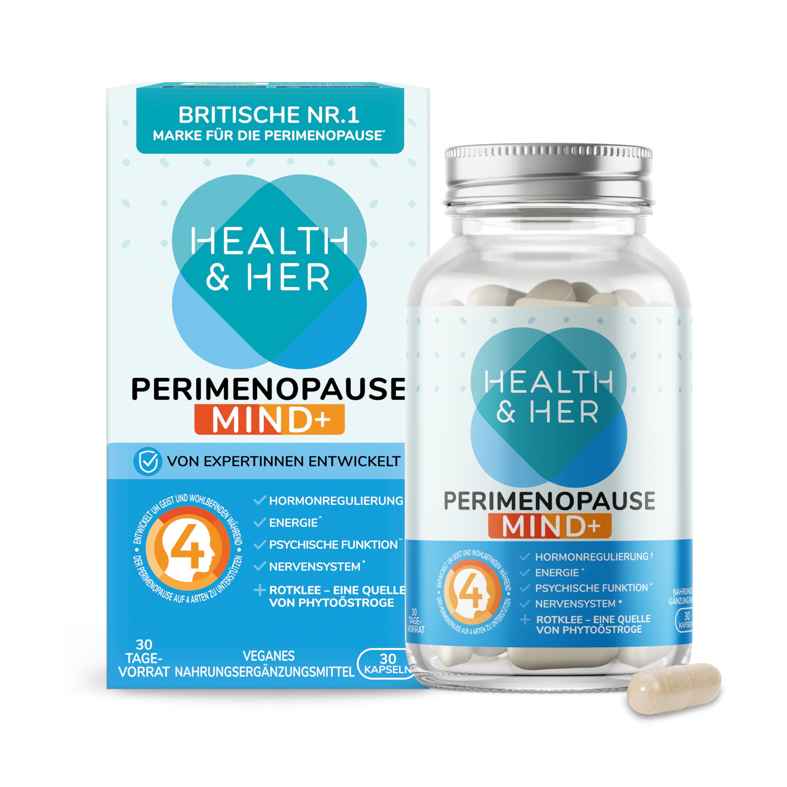 Health & Her Perimenopause Mind+ Wechseljahre Kapseln - Zur Unterstützung von kognitiver Leistung & Wohlbefinden während der Wechseljahre - mit Rotklee - 1 Monatspackung enthält 30 Menopause Kapseln
