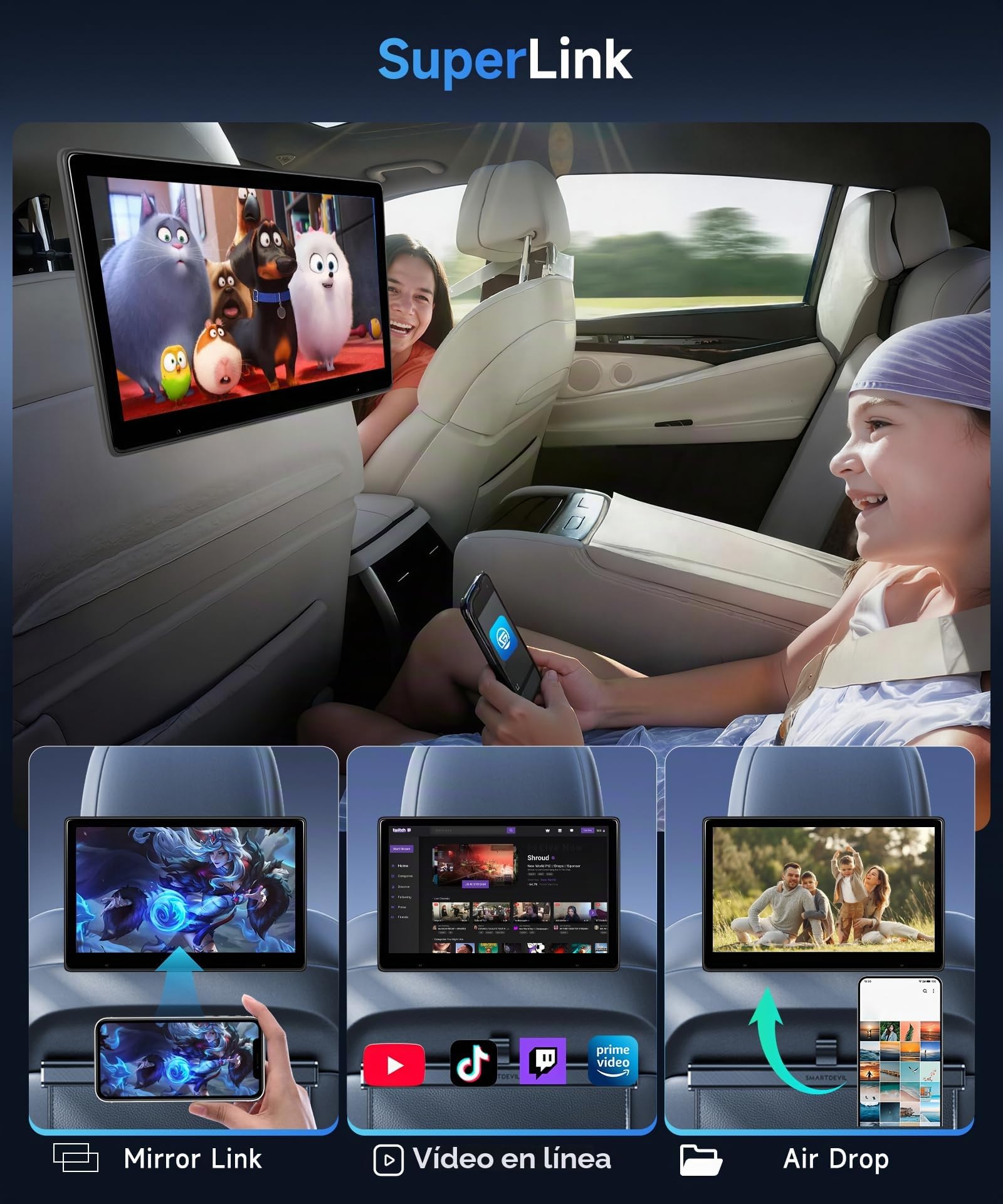 Rimoody Monitor para Reposacabezas de Coche, 10,1 Pulgadas Pantalla Táctil, Reproductor de Reposacabezas con Inalámbrico Carplay Android Auto Super Link, Bluetooth, USB, AUX y Tarjeta TF de 64 GB