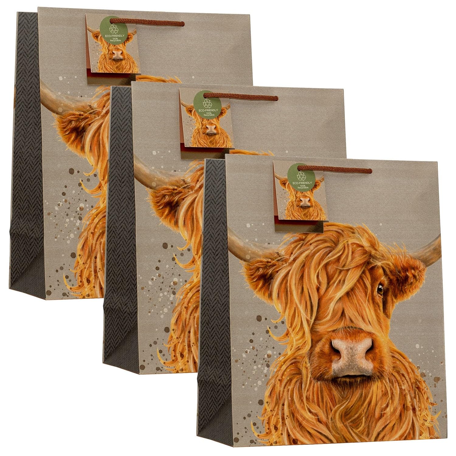 Design By Violet Highland Cow Design Large Gift Bag – Set of 3 Decorative Paper Birthday Gift Bags with Ribbon Handles for Occasions and Celebrations, Eco Friendly and 100% Recyclable