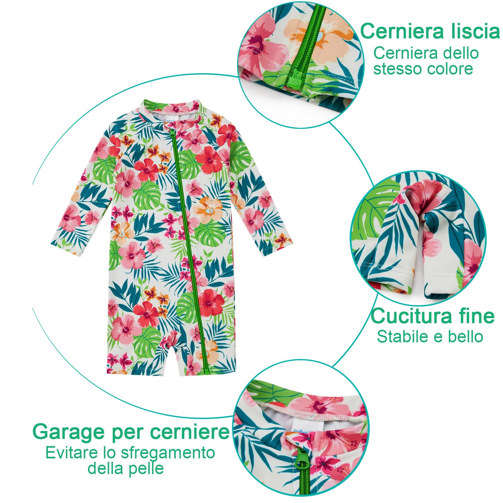 Costume da Bagno per Bambino/Ragazza con Protezione Solare UPF 50+ Costume da Sole a Manica Lunga con Cerniera Completa per Neonato (3-36 Mesi)