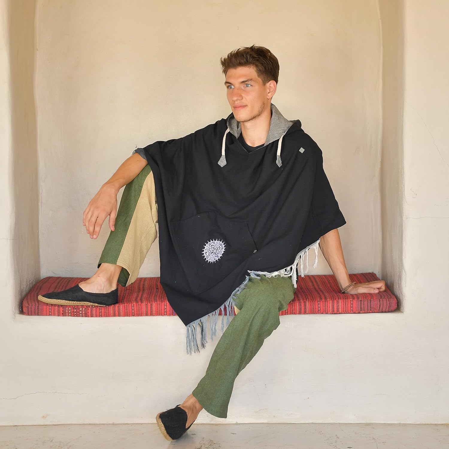 virblatt - Mens Poncho Hooded | 100% cotton & Reversible | Mexican Poncho Men Baja Hoodie Summer Pancho Men Cape Cowboy - Image 3