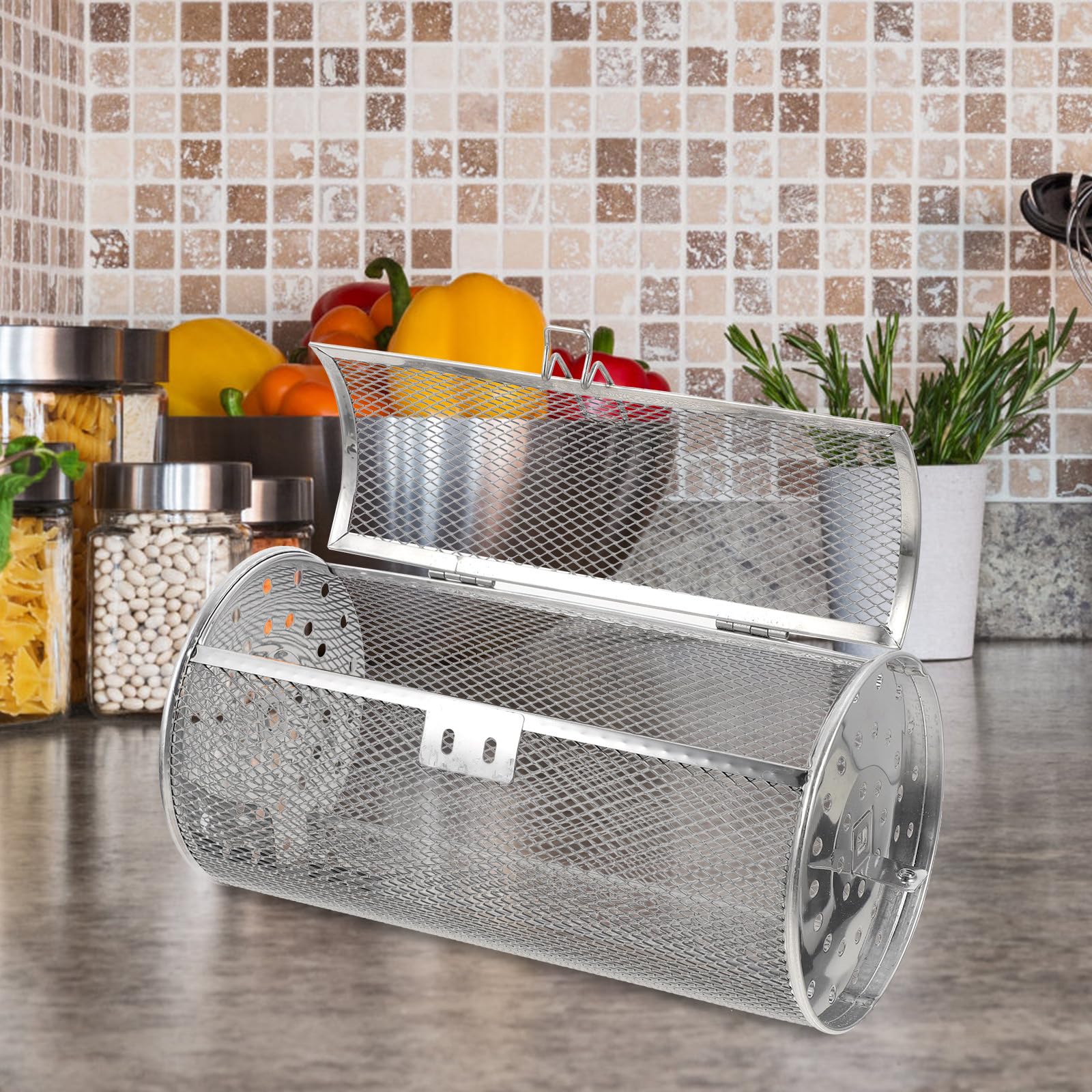 TOYANDONA Cestello Gabbia Anti-ruggine per Grigliare in Acciaio Inossidabile Design Rotante Multiuso per Noci e Verdure, per Famiglie e Ristoranti